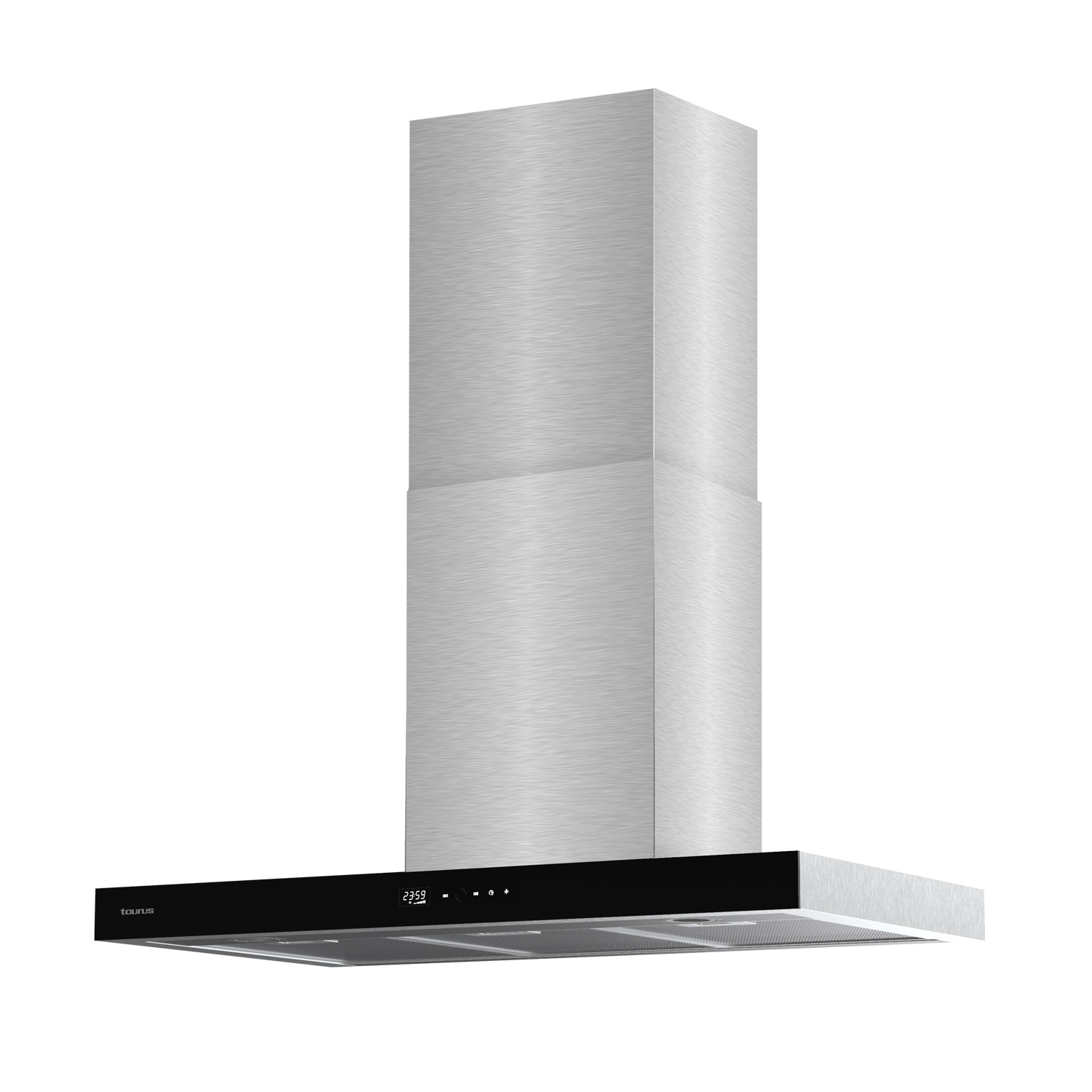 Una campana extractora Taurus de acero inoxidable. Tiene un panel de control negro que muestra '23:59'. El diseño es moderno y elegante.
