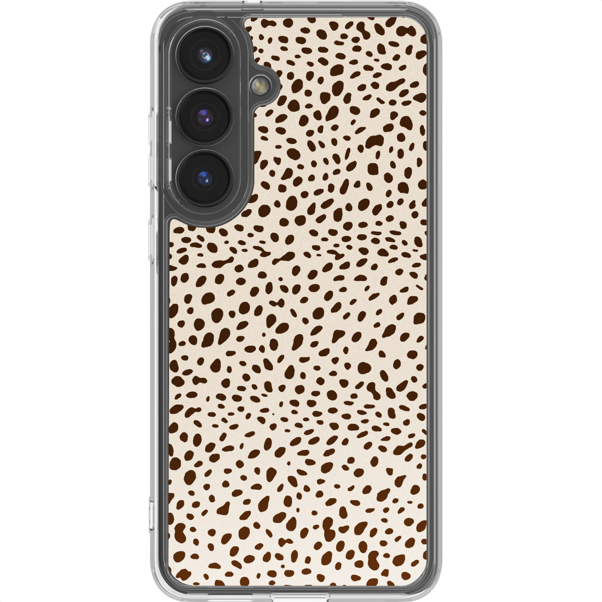 Een telefoonhoesje met een stippenpatroon. De hoes is transparant met een patroon van bruine stippen op een beige achtergrond.