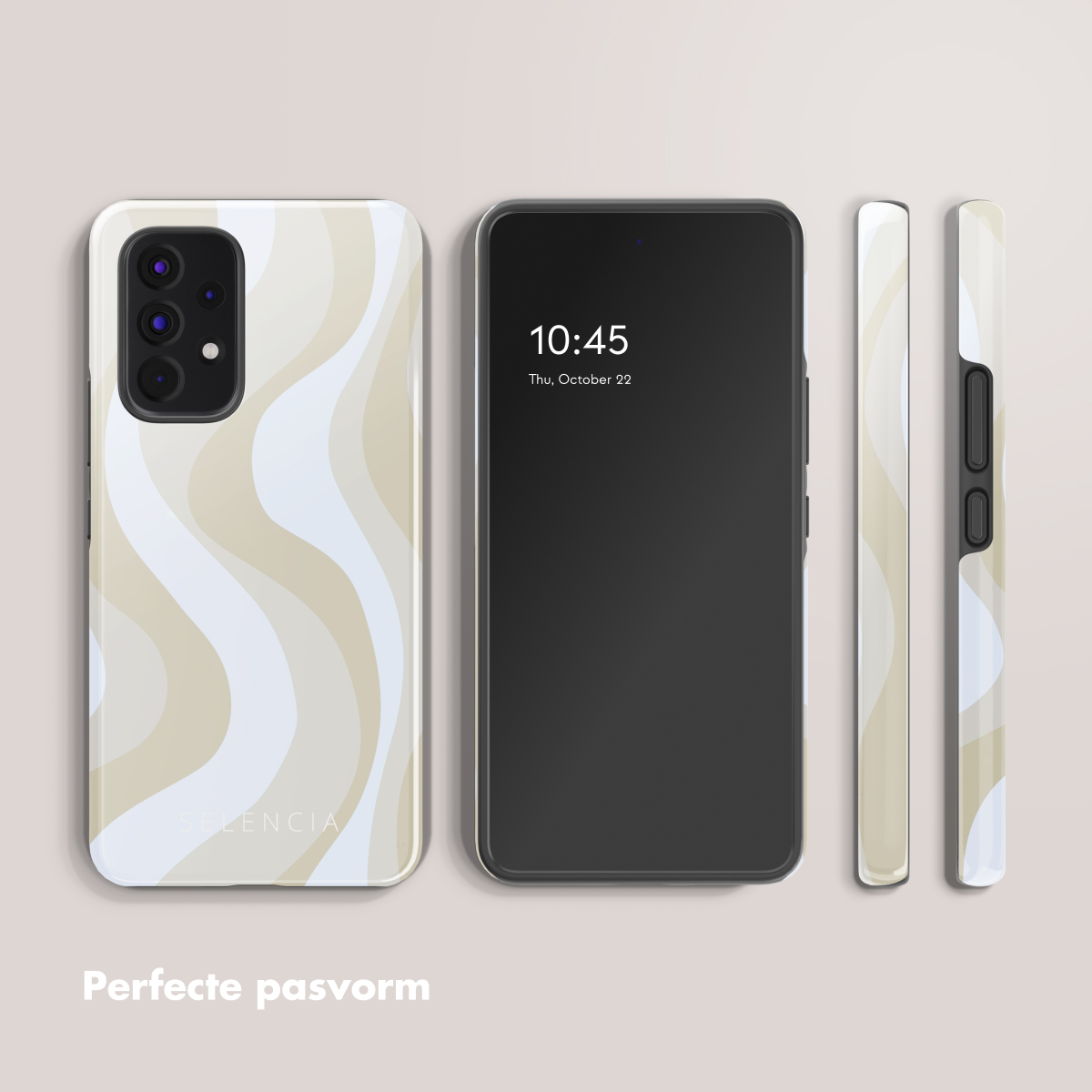 Uno smartphone con custodia a onde beige e bianca, mostra le 10:45. È visualizzata anche una vista laterale del telefono e della custodia.