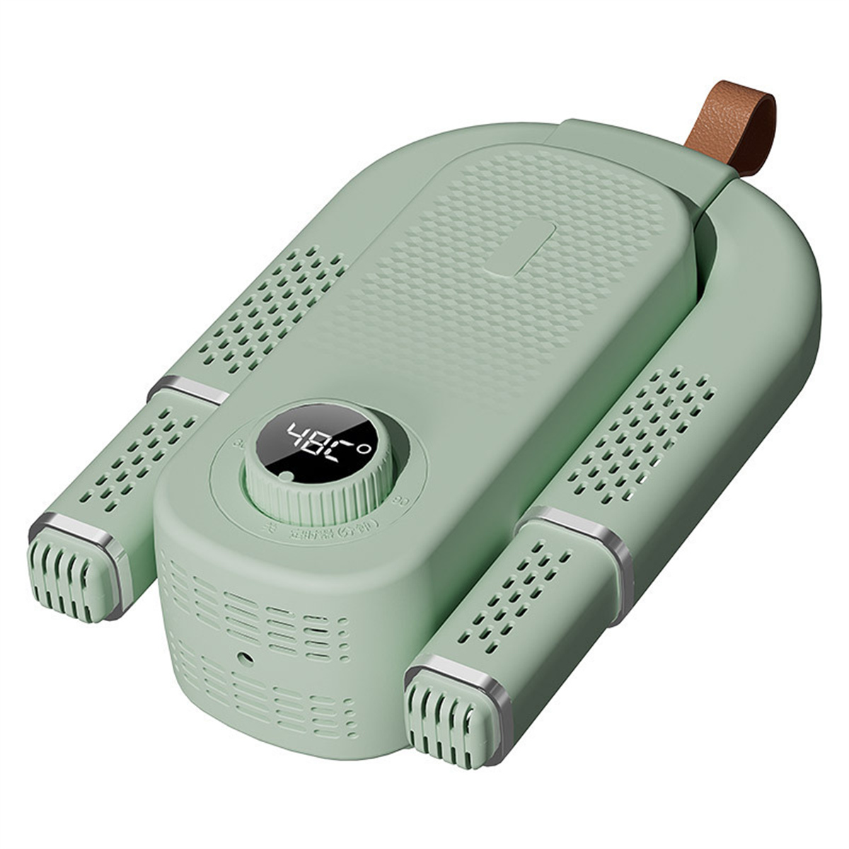 Ein mintgrüner Schuhtrockner mit Digitalanzeige (48C). Er hat Lüftungslöcher und einen braunen Ledergriff. Das Design ist modern.