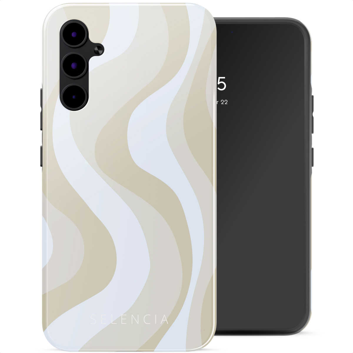 Een telefoon met een golvende beige, witte en lichtbruine hoes staat naast een zwarte telefoon. De hoes heeft cameralenzen.