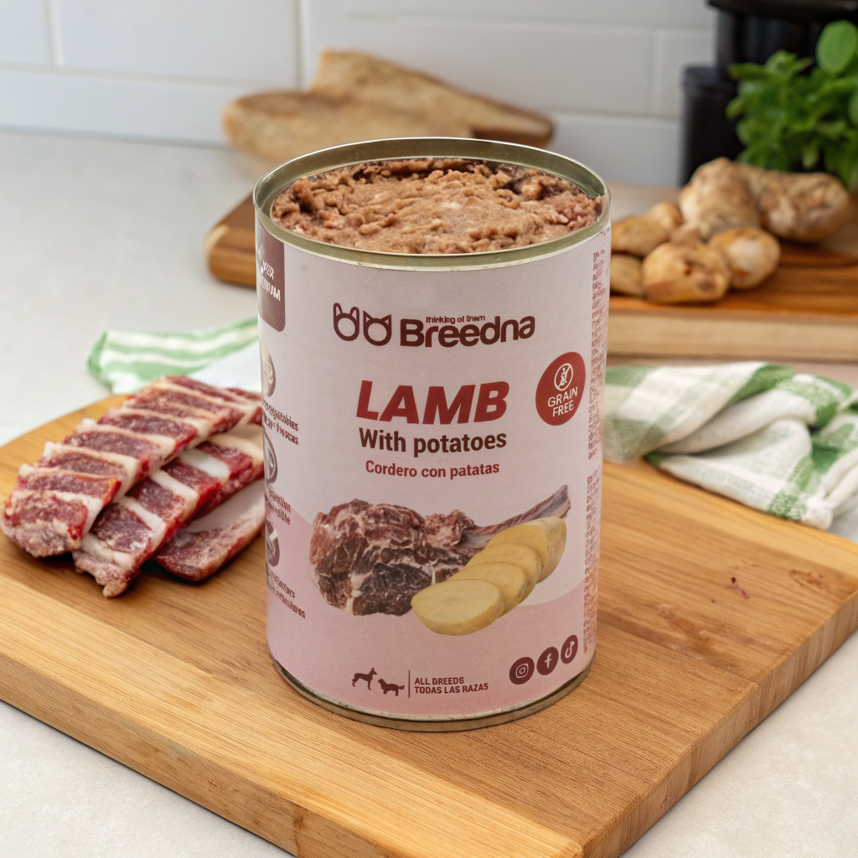 Una lata de comida para perros, 'Breedna Cordero con patatas', está sobre una tabla de madera con carne cruda y patatas. El fondo tiene verduras.