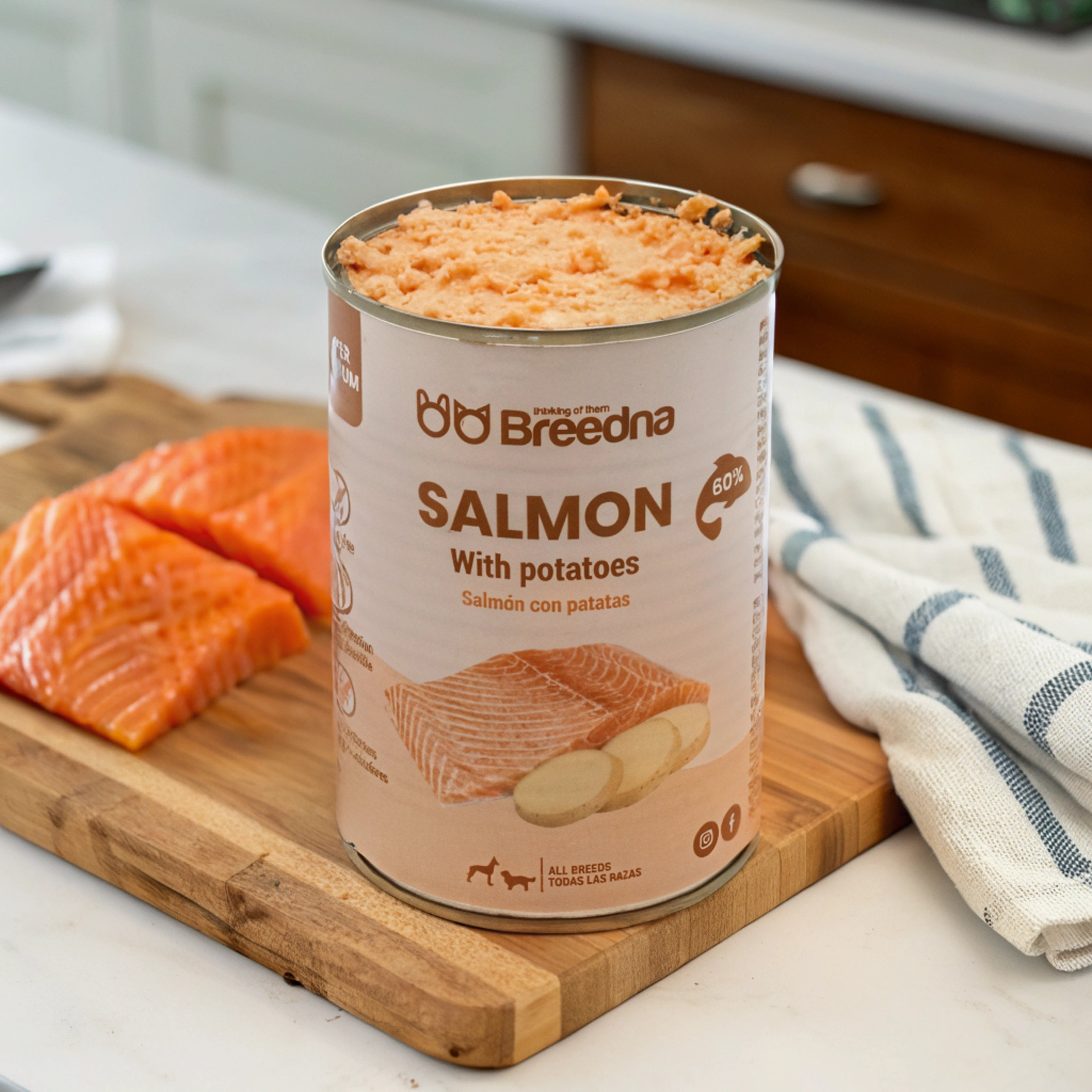 Una lata de salmón Breedna con patatas está sobre una tabla de madera junto a filetes de salmón. Una toalla al fondo.