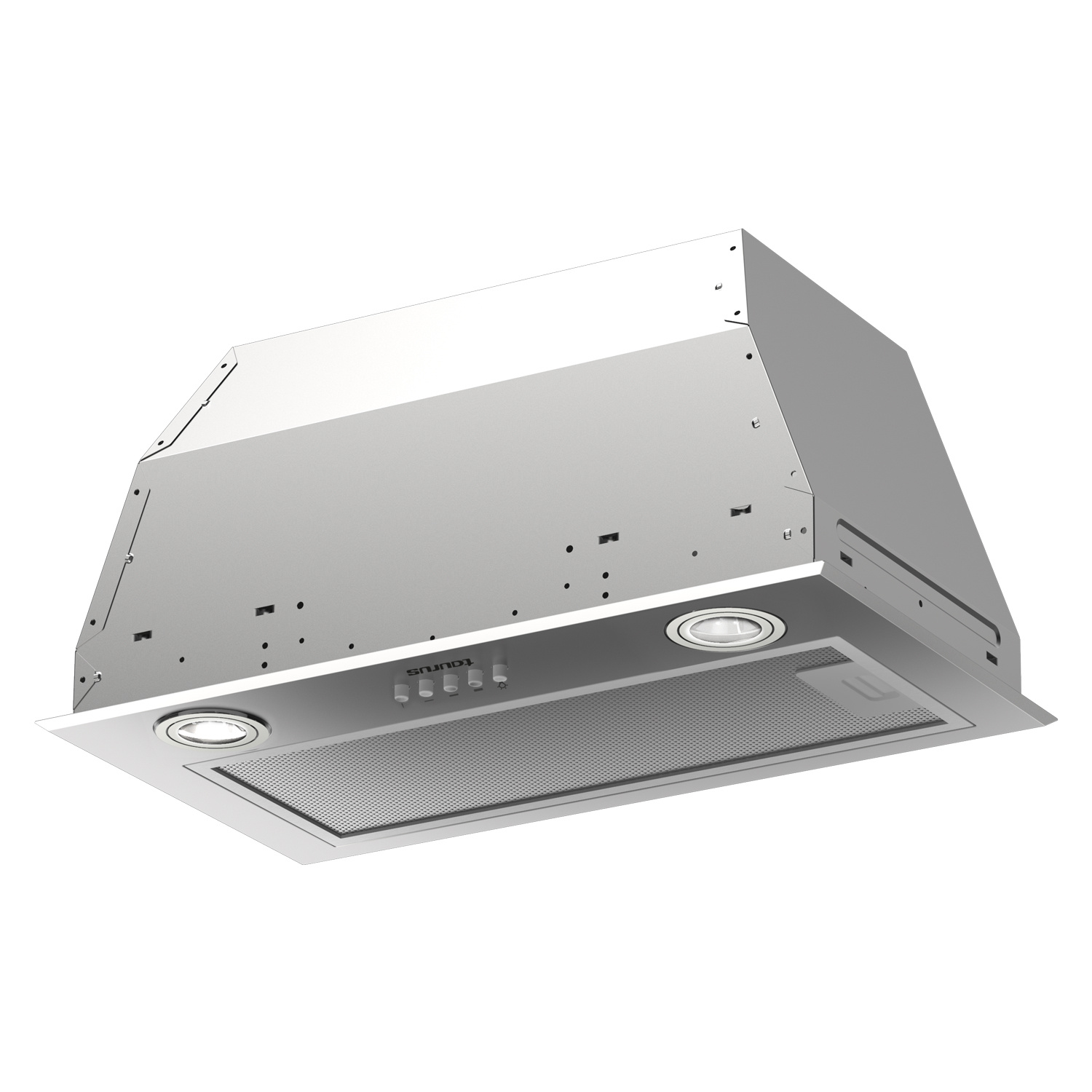 Una campana extractora Taurus plateada, con dos luces y un filtro de malla. Tiene botones de control y un diseño moderno, sobre un fondo blanco.