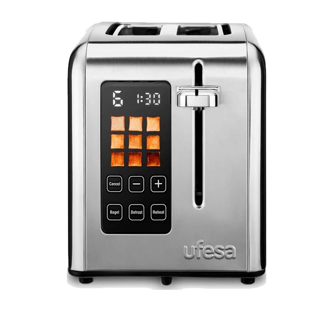 Una tostadora Ufesa plateada con pantalla digital que muestra los niveles de tostado y el tiempo. Botones para bagel, descongelar y recalentar.