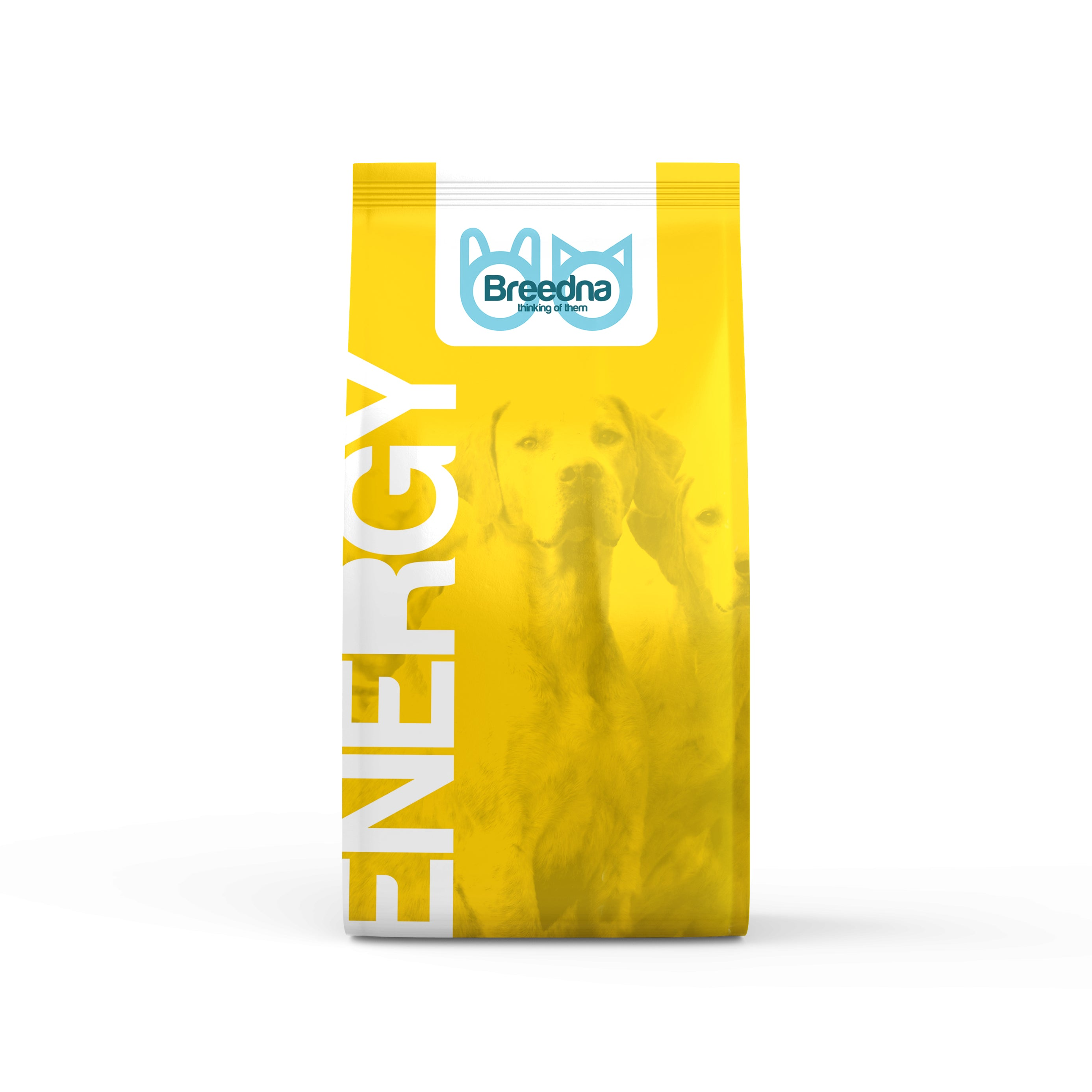 Bolsa amarilla de comida para perros. Texto 'ENERGY' a la izquierda. Logotipo de Breedna arriba, imágenes de perros detrás.