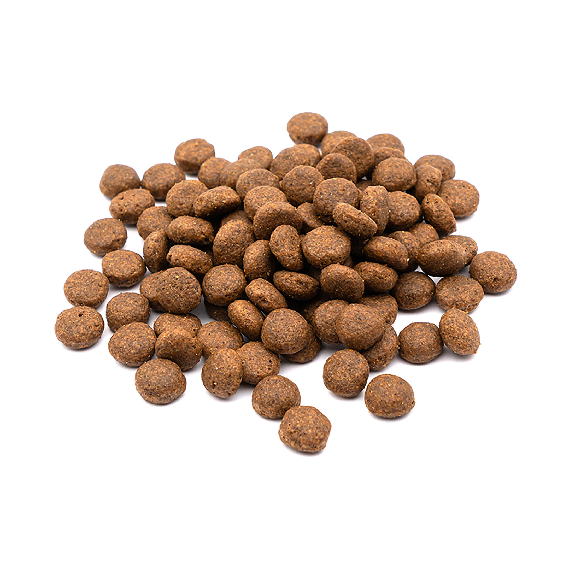 Un montón de croquetas marrones y redondas para comida de perro sobre un fondo blanco. Las croquetas están muy juntas.