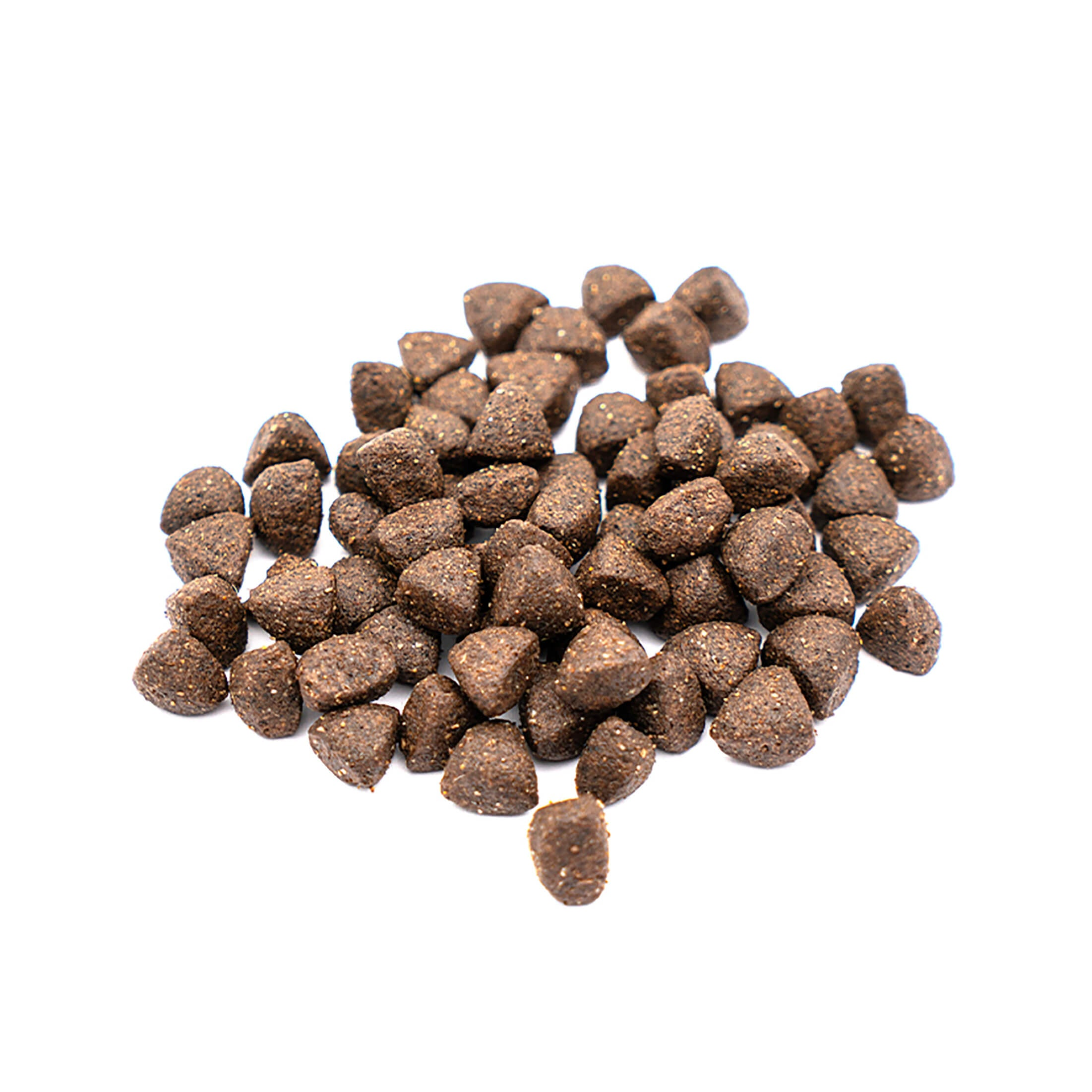 Primer plano de pienso seco para perros. Croquetas marrones de forma irregular esparcidas sobre fondo blanco.