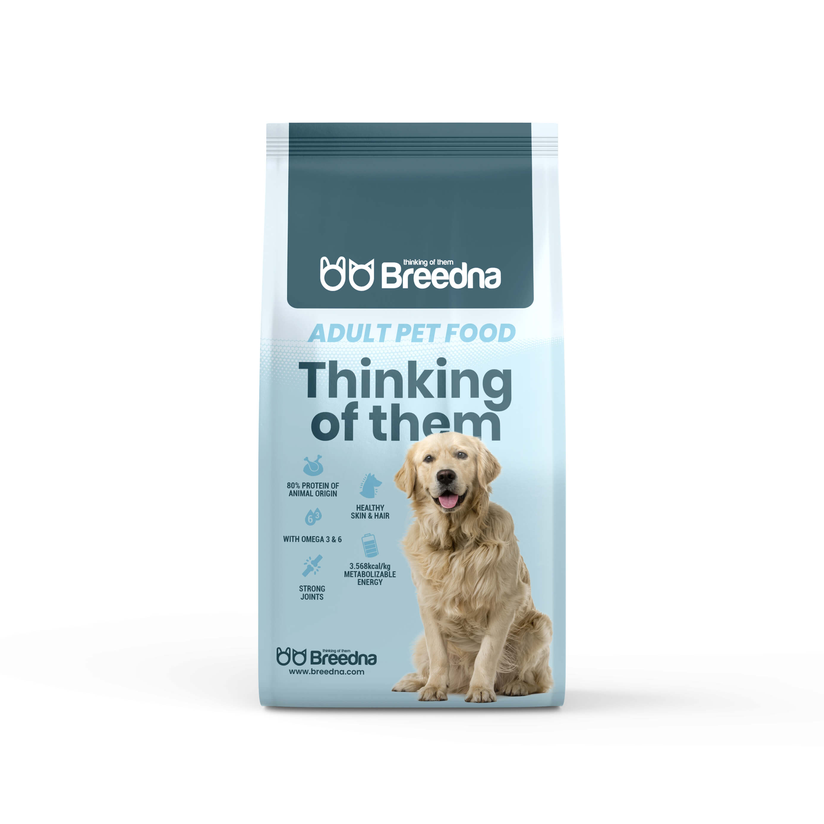 Bolsa de comida para perros con un golden retriever. El texto incluye 'Thinking of them', 'Adult Pet Food' e información nutricional.