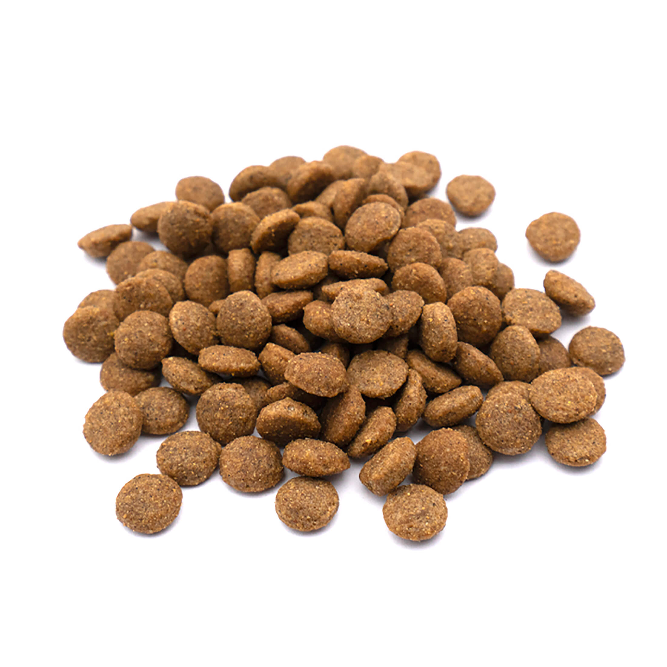 Un montón de croquetas secas para perros sobre fondo blanco. Las croquetas son redondas y marrones.