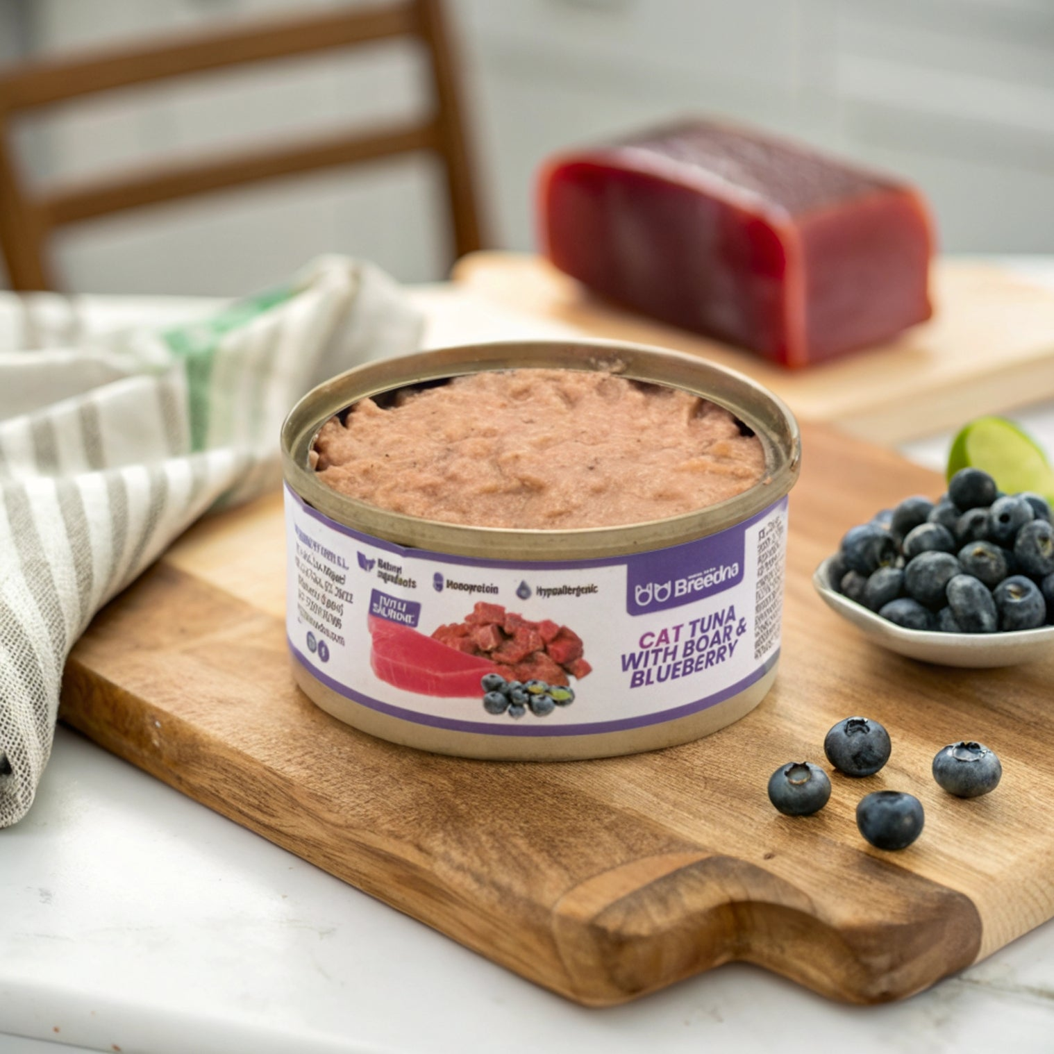 Una lata de comida para gatos etiquetada 'Cat Tuna with Boar & Blueberry' está sobre una tabla de madera con arándanos y un bloque de carne roja.