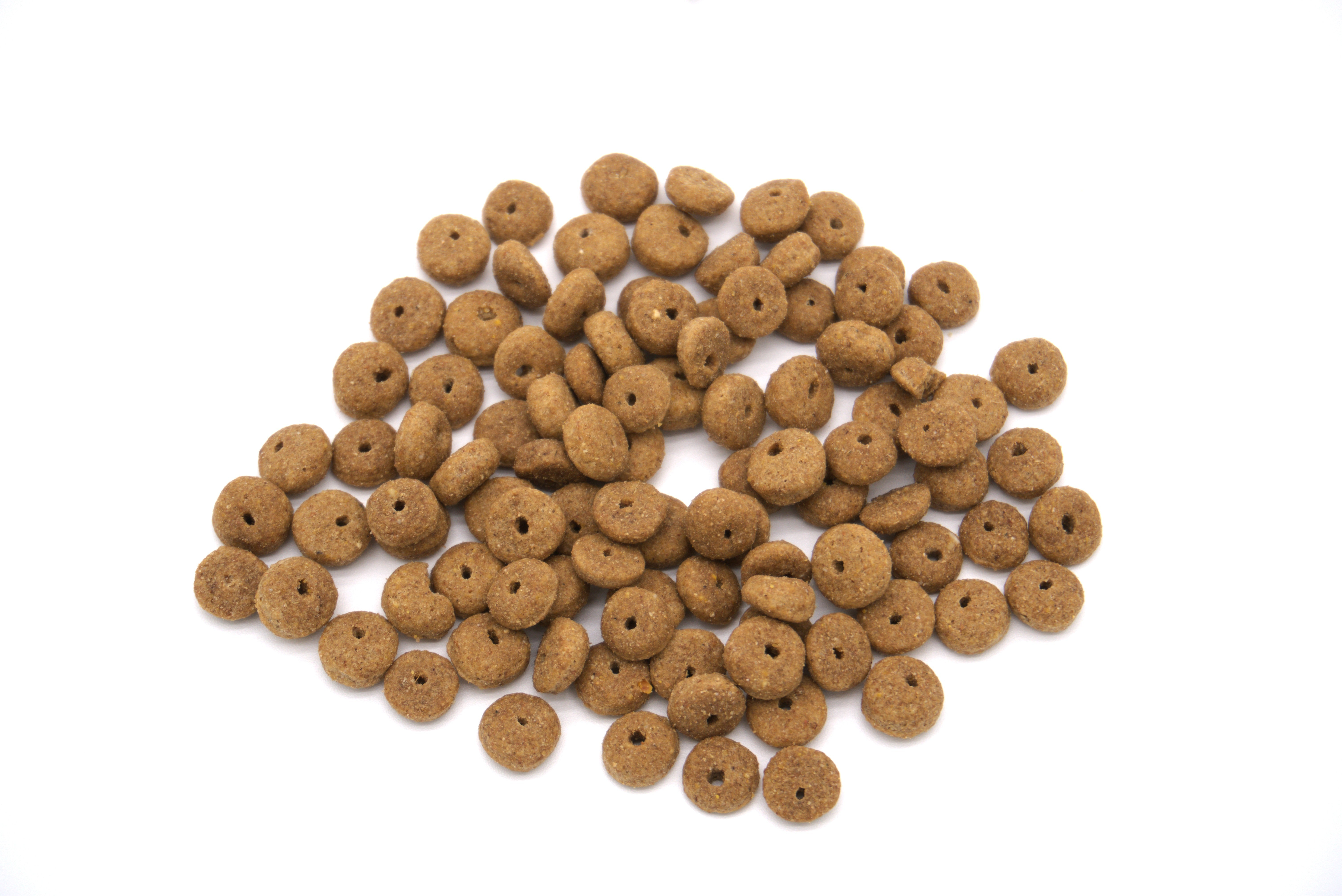 Un montón de croquetas marrones con forma de rosquilla para perros sobre fondo blanco. Cada croqueta tiene un agujero.