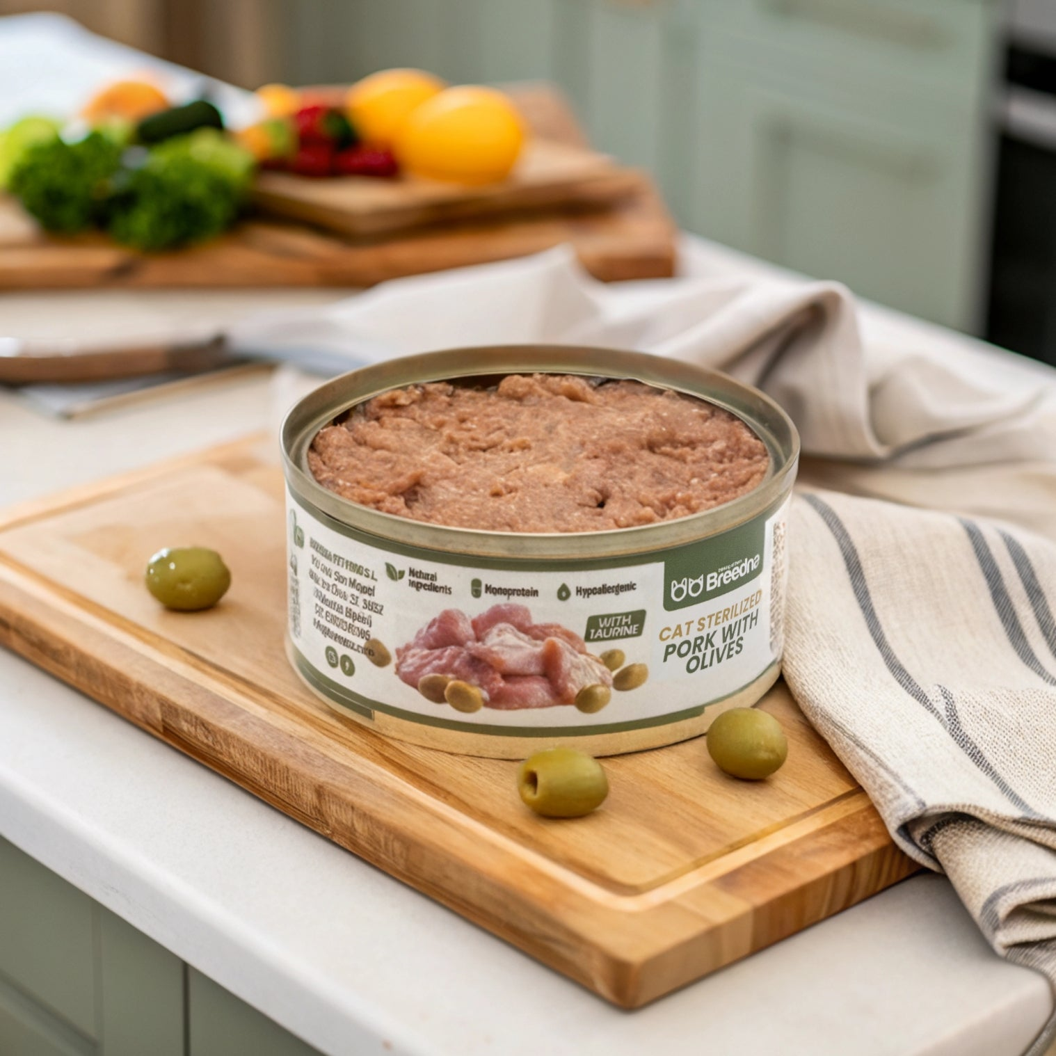 Una lata de comida para gatos con aceitunas en una tabla de madera. Los ingredientes incluyen cerdo y taurina. Las aceitunas están esparcidas.