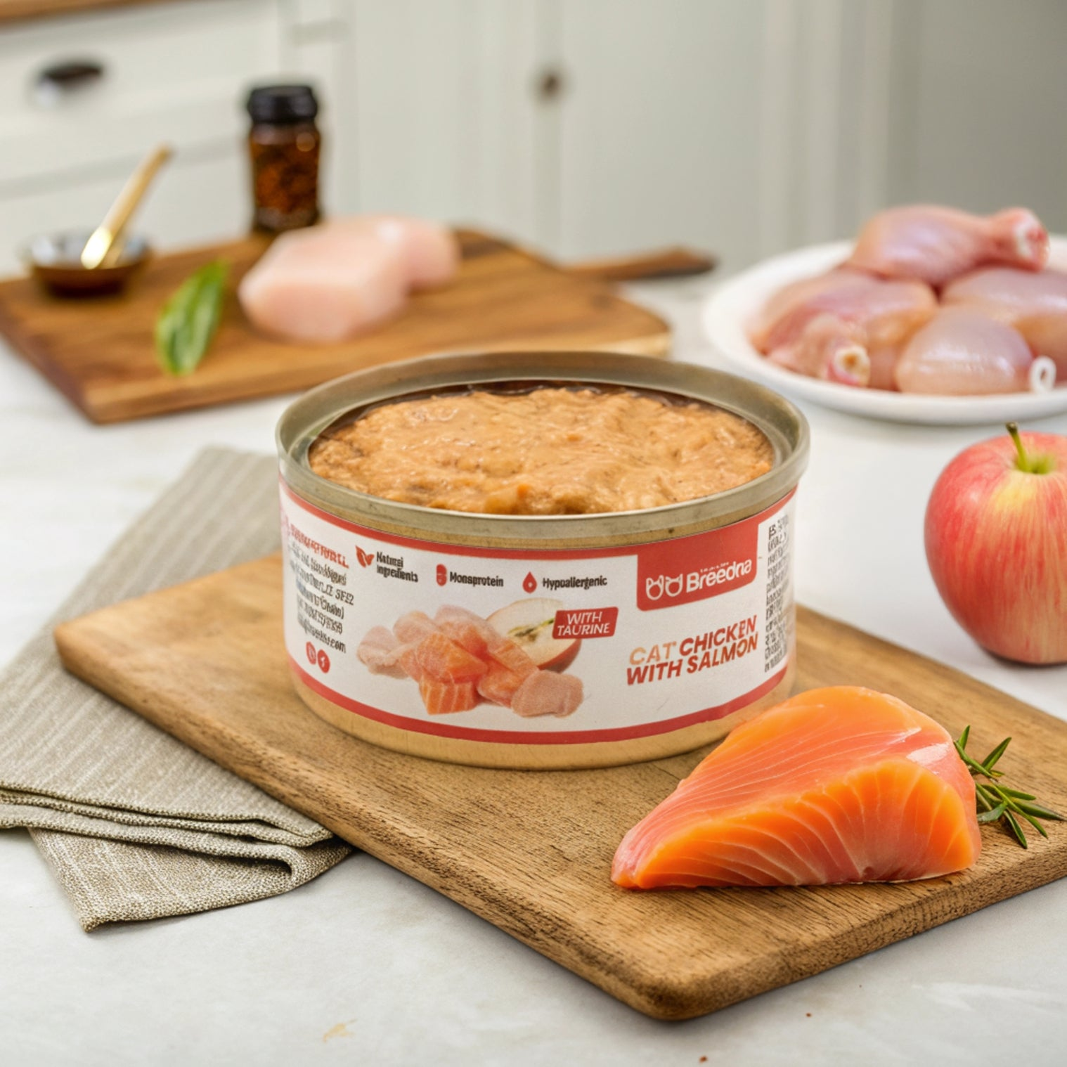 Una lata de comida para gatos con la etiqueta 'Cat Chicken with Salmon' en una tabla de madera con filete de salmón, manzana, trozos de pollo y pechugas.