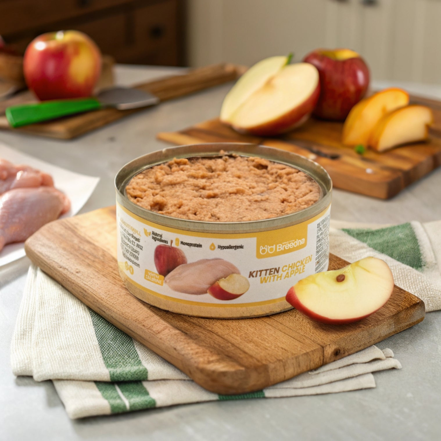Una lata de comida para gatitos con pollo y manzana está sobre una tabla de madera con rodajas de manzana. Otras manzanas y un cuchillo están en el fondo.