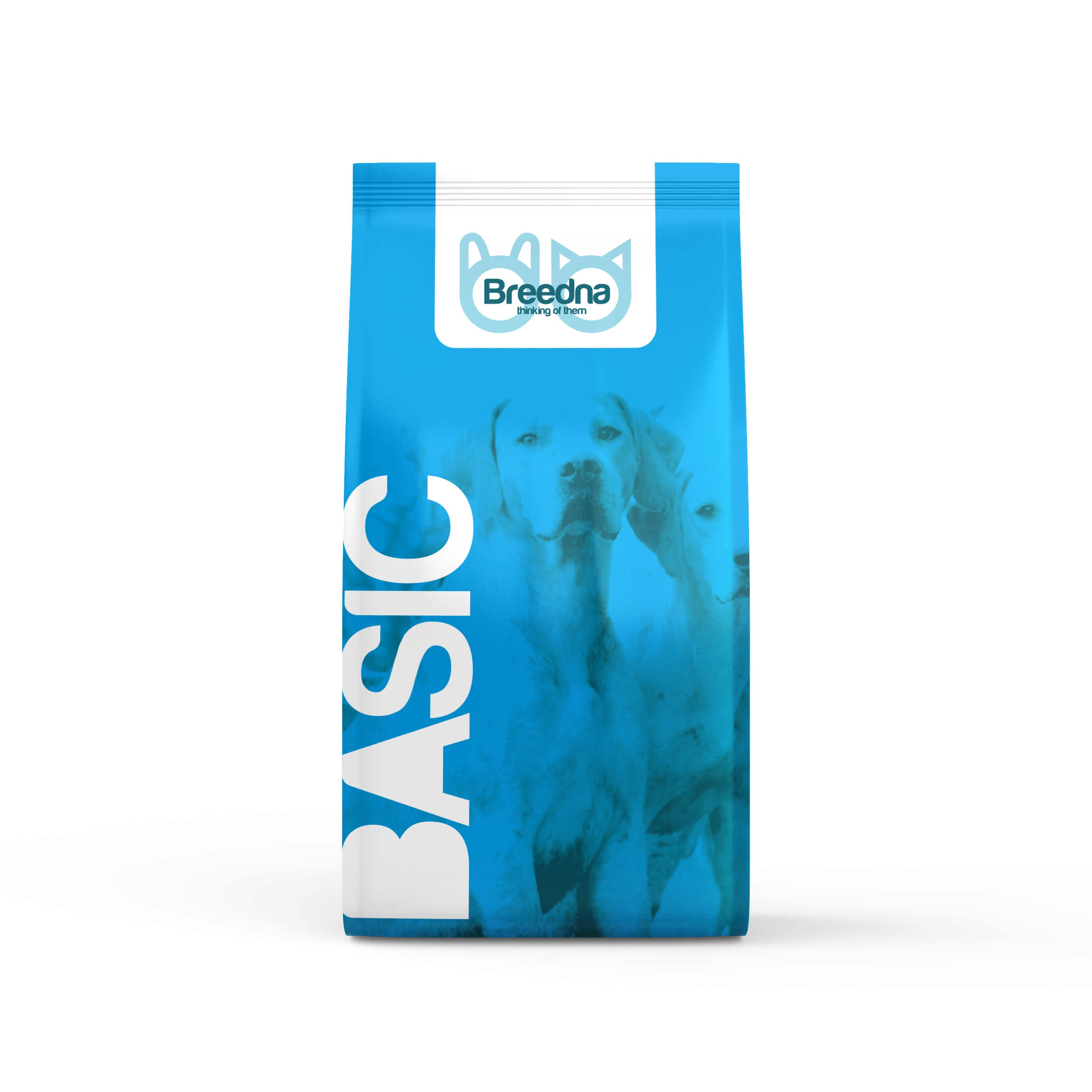 Una bolsa de comida para perros azul con 'BASIC' en blanco. Presenta una imagen de perro y la marca 'Breedna'.