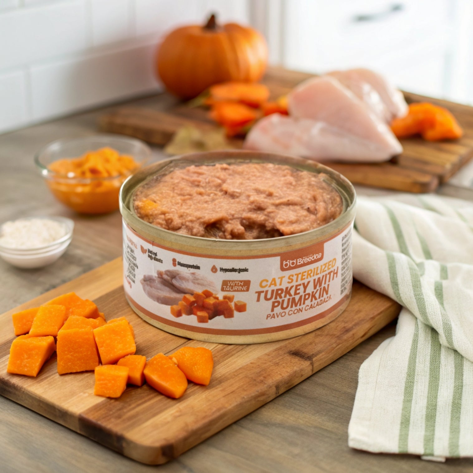 Una lata de comida para gatos con pavo y calabaza está sobre una tabla de madera con trozos de calabaza. Pechuga de pollo y una calabaza en el fondo.