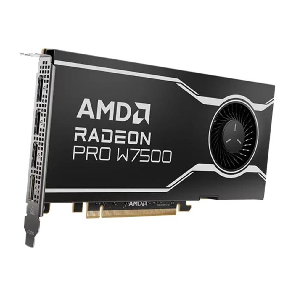 An AMD Radeon Pro W7500 graphics card. It's black with white text and a fan. The card is isolated on a white background.