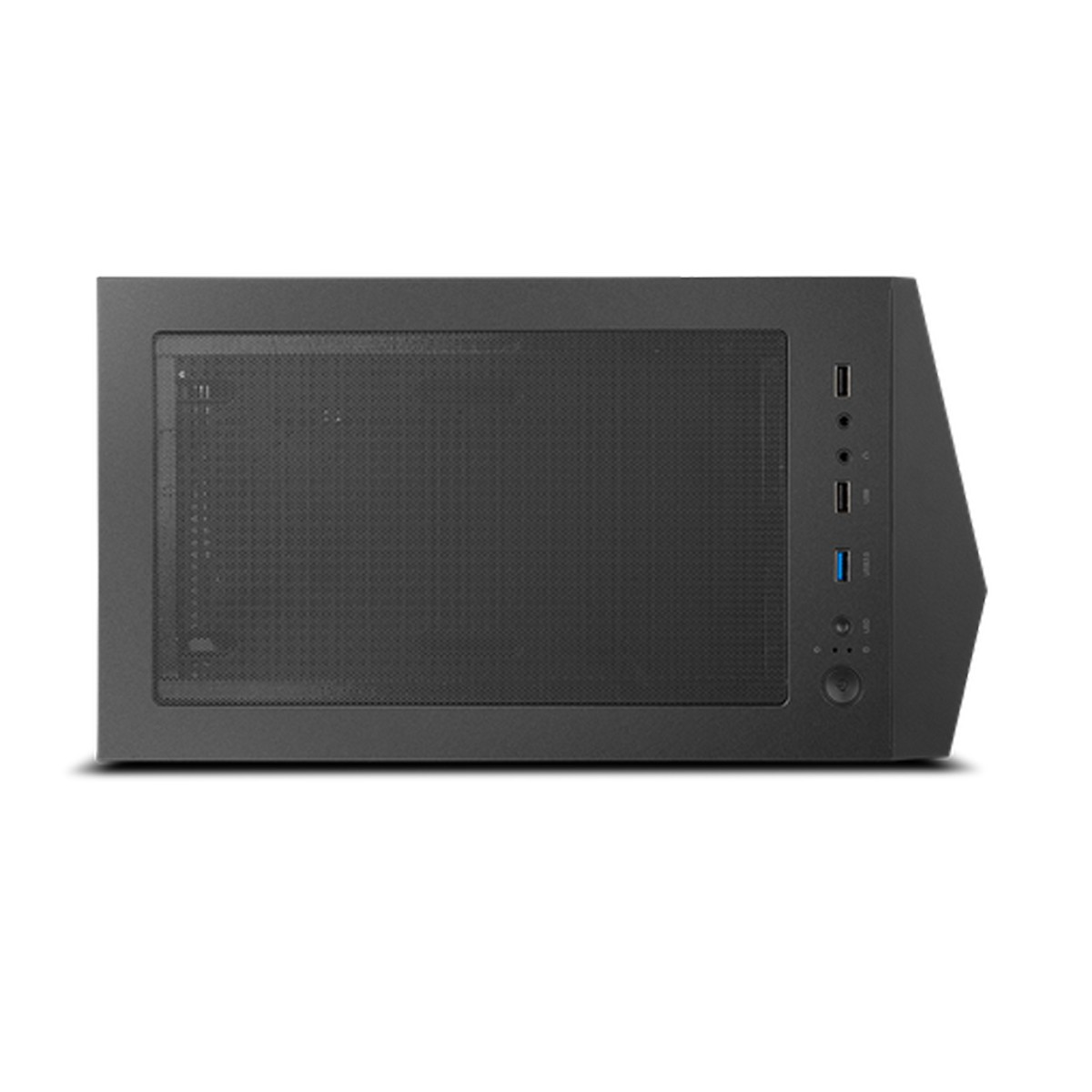 Una caja de computadora negra con un panel frontal de malla y puertos en el lateral. Botón de encendido y puertos USB visibles.