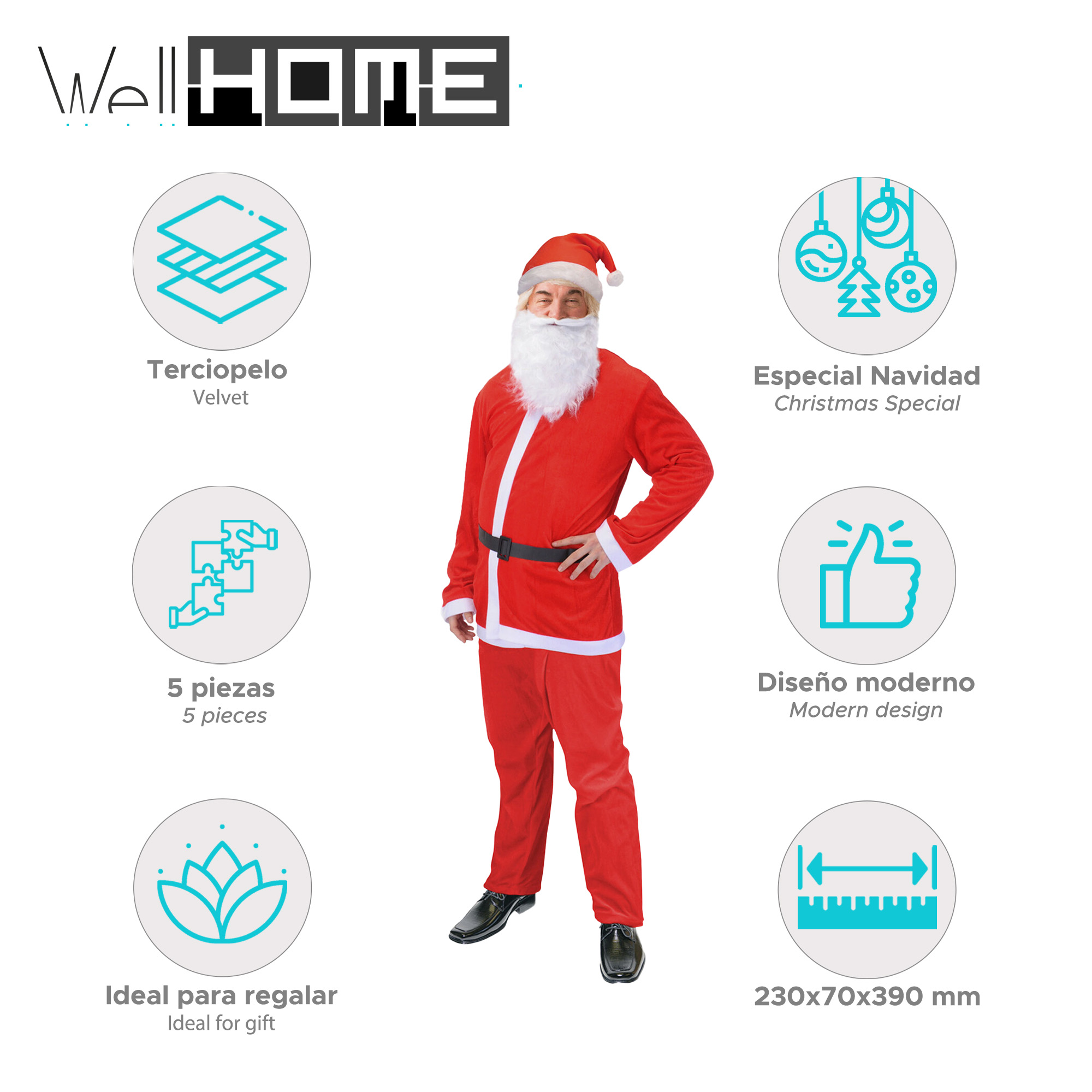 Un hombre con un traje de Papá Noel de pie. La imagen incluye etiquetas de texto en español. El logo 'Well HOME' está en la parte superior.