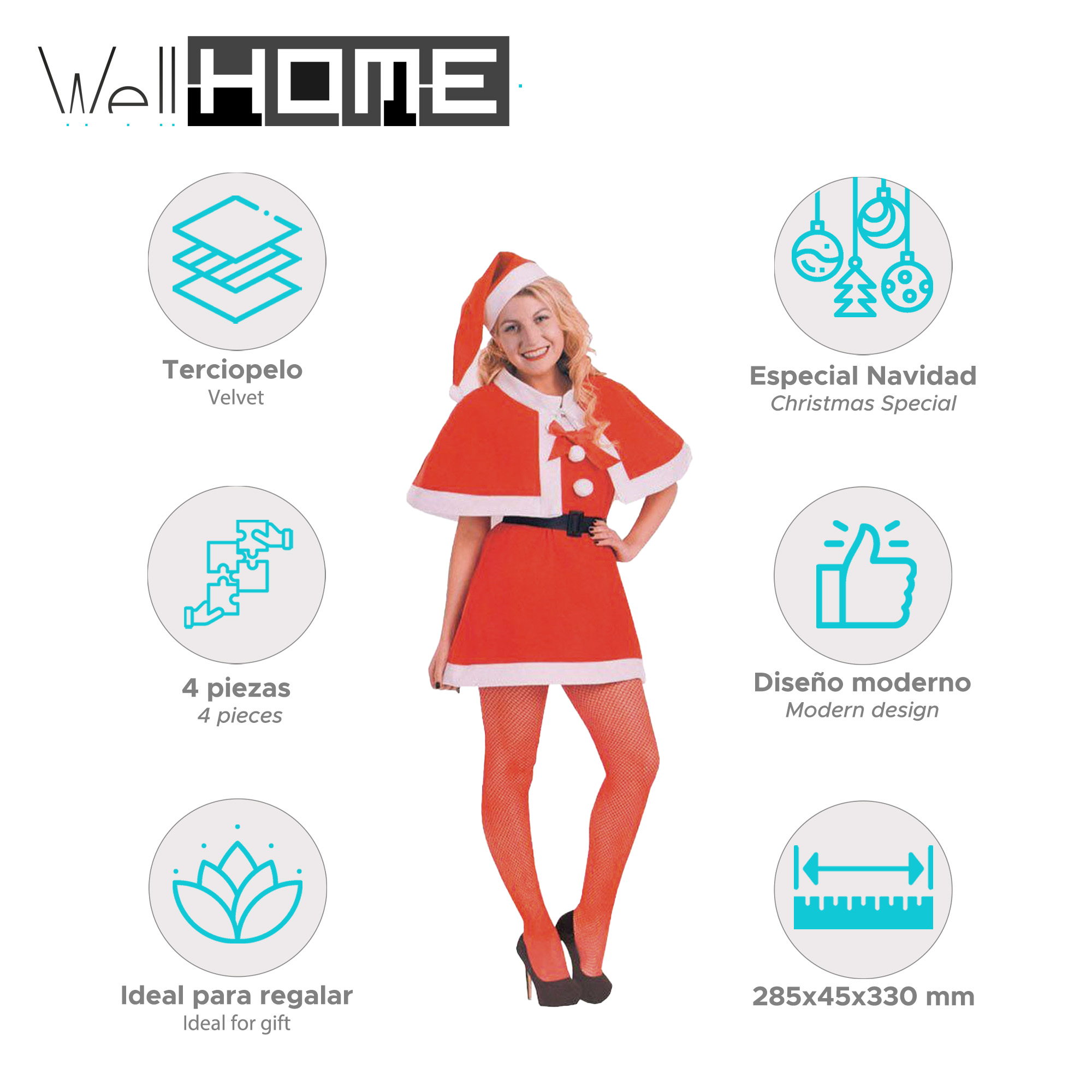 Mujer con disfraz de Santa. Vestido rojo, capa, sombrero, medias y tacones negros. Varios iconos y texto a su alrededor.