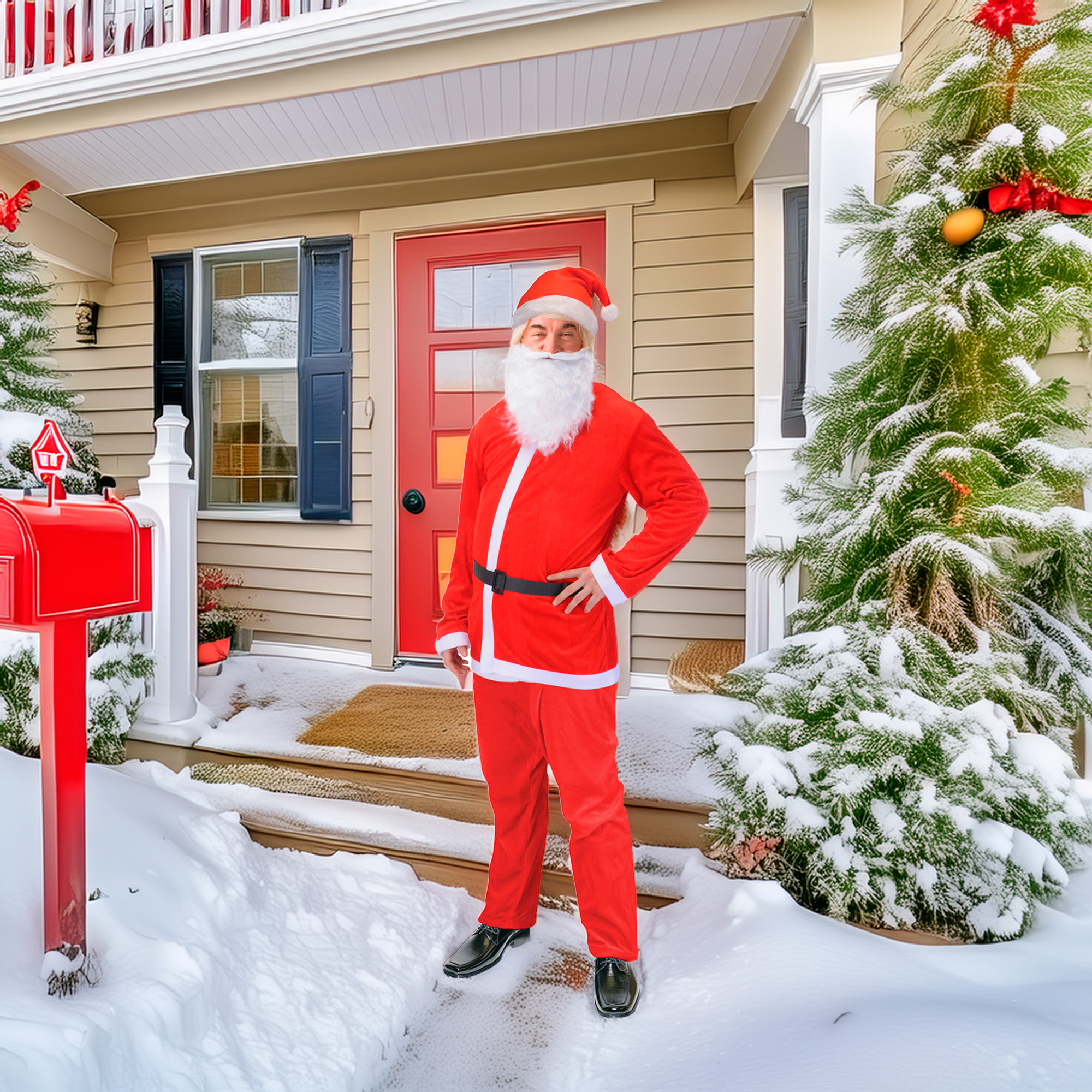 Santa Claus con traje rojo frente a una casa en la nieve. Se ven un buzón, una puerta y un árbol de Navidad.