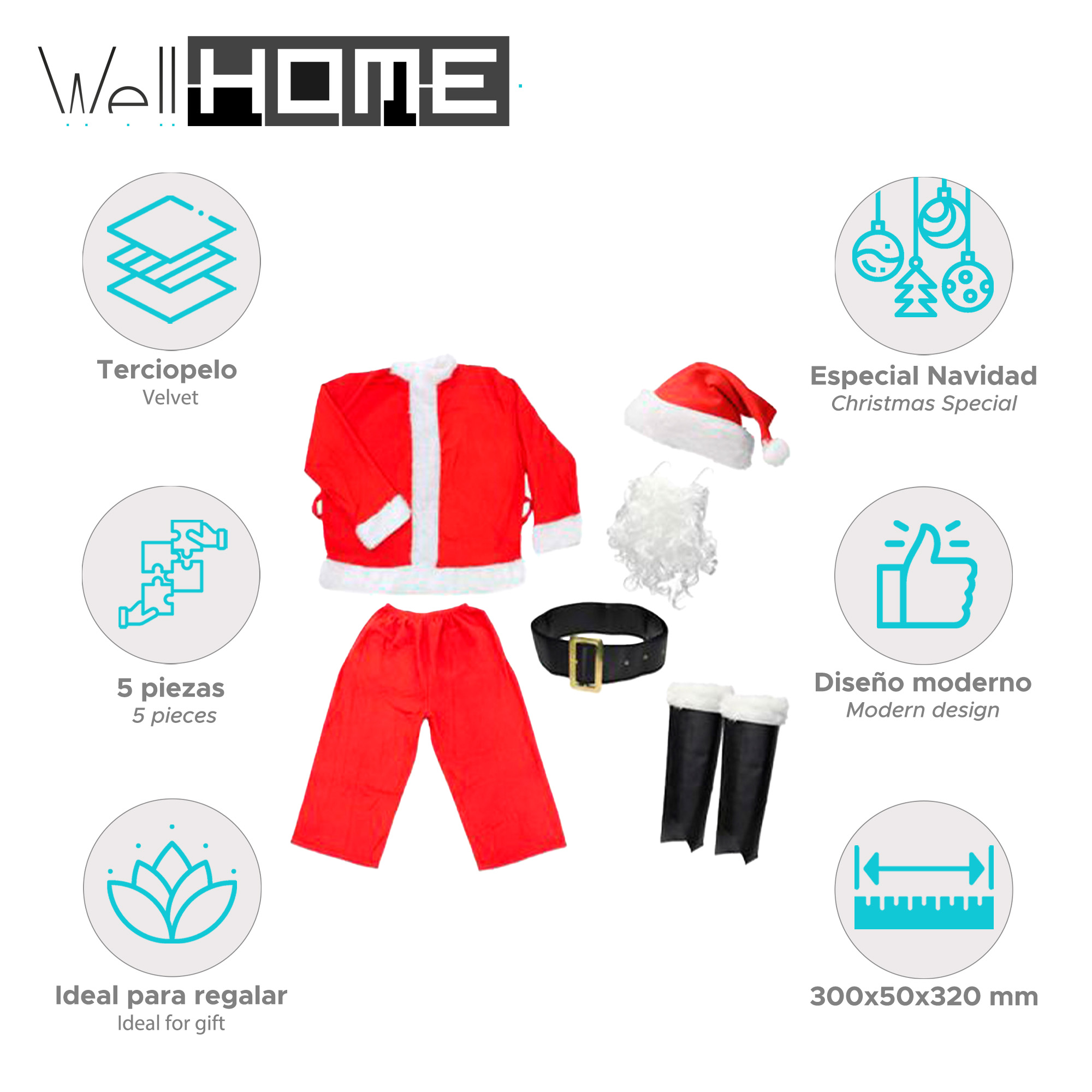 Disfraz de Papá Noel, chaqueta y pantalón rojos, gorro, barba, cinturón y cubrebotas. Detalles: 5 piezas, terciopelo, regalo y diseño moderno.