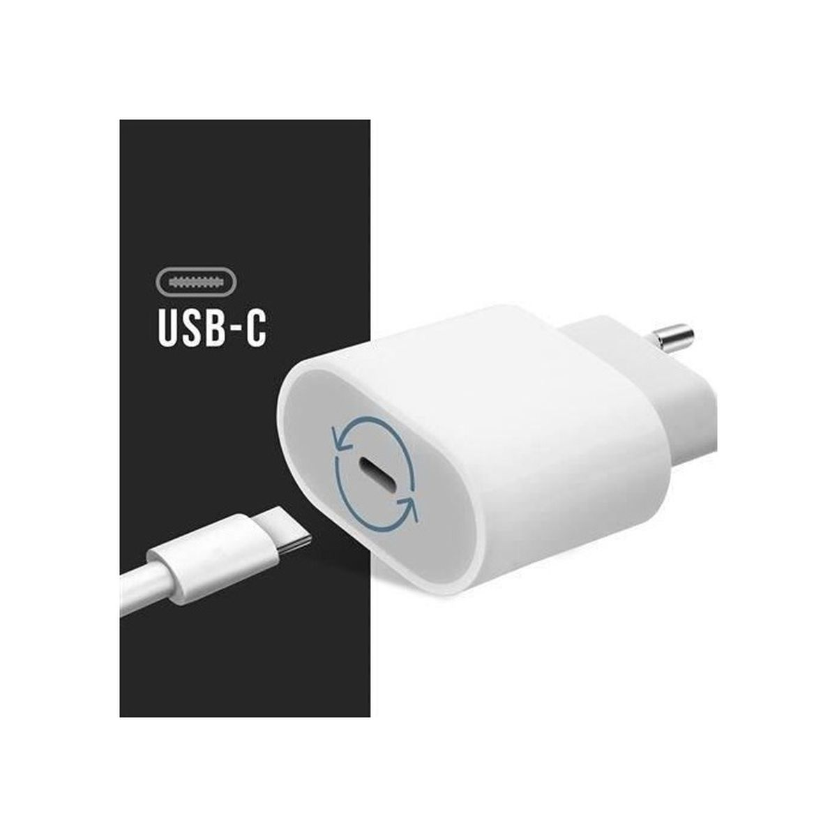 Caricatore USB-C bianco con sfondo nero a sinistra con simbolo USB-C. Il caricatore è isolato su sfondo bianco.