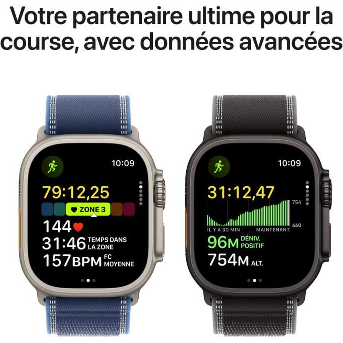 Twee smartwatches tonen hardloopgegevens. Links: blauwe band, hartslag, tijd. Rechts: zwarte band, hoogte en tijd.