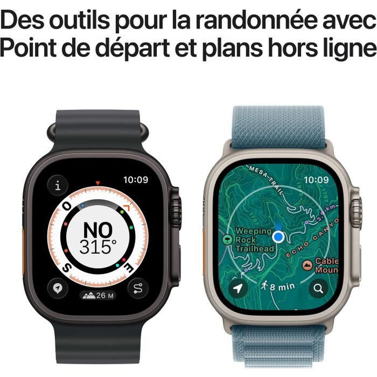 Twee smartwatches met navigatie en kompas. Eén toont een kompas, de andere een kaart met trail-informatie, tijd is 10:09.