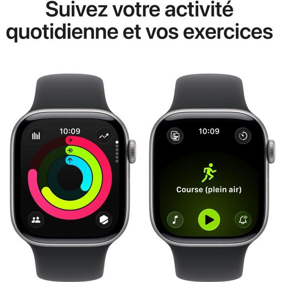 Zwei Smartwatches zeigen Aktivitätsdaten. Eine zeigt Trainingsringe, die andere eine Laufaktivität. Französischer Text oben.