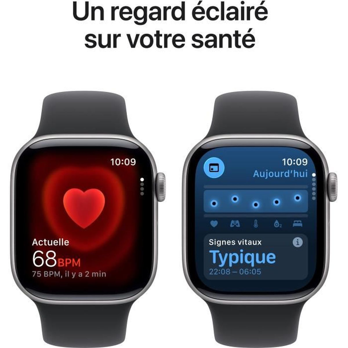 Zwei Smartwatches zeigen Gesundheitsmetriken. Eine zeigt die Herzfrequenz mit 68 BPM, die andere Vitalzeichen als 'Typisch' und Zeit.