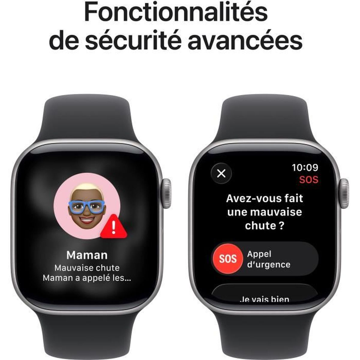 Zwei Apple Watches zeigen Sturzerkennungsalarme. Eines zeigt 'Maman', das andere fragt 'Sind Sie gestürzt?'. Der Text oben lautet 'Erweiterte Sicherheitsfunktionen'.