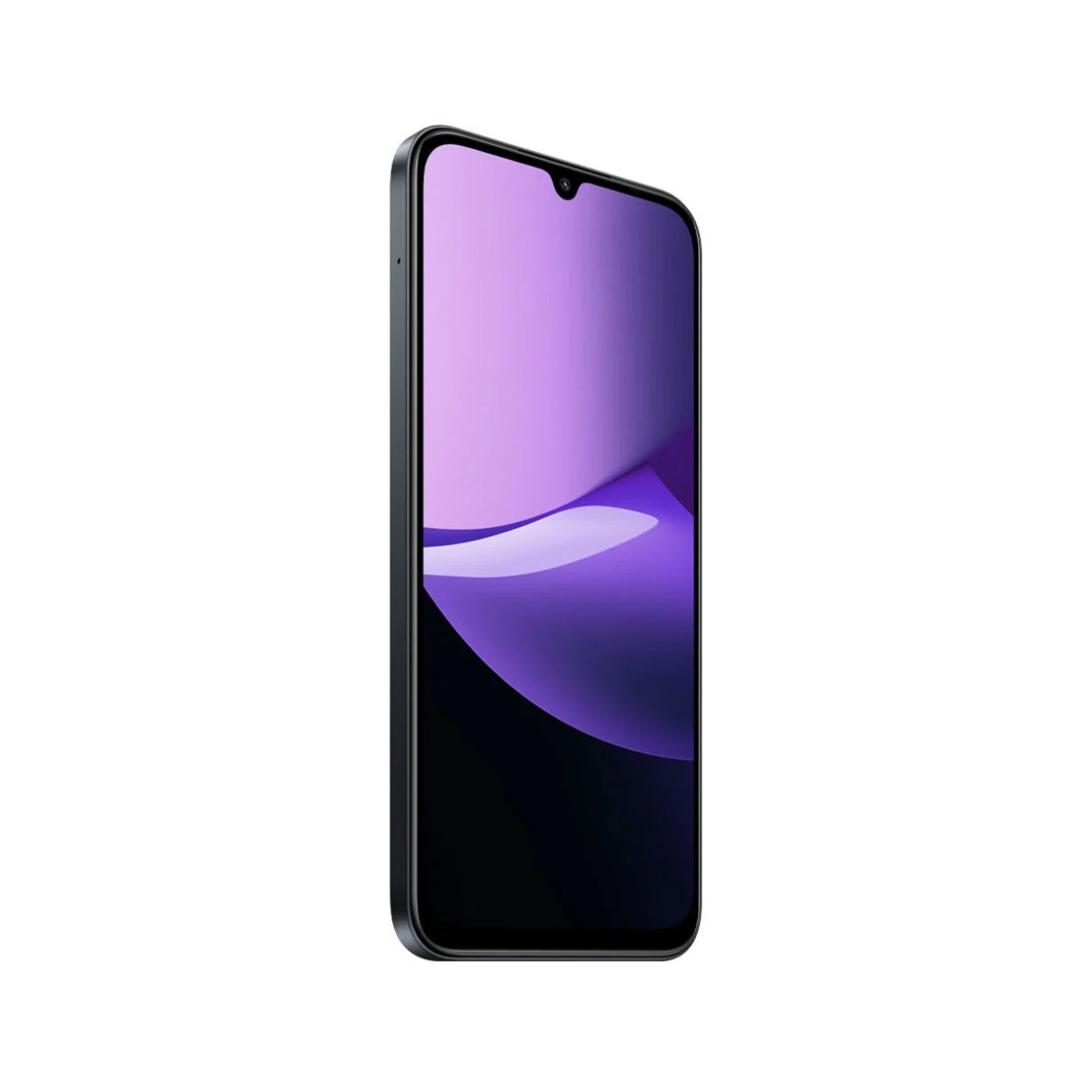 Un teléfono inteligente con marco negro y pantalla púrpura, que muestra un diseño de onda. El fondo es blanco. El teléfono está en ángulo.