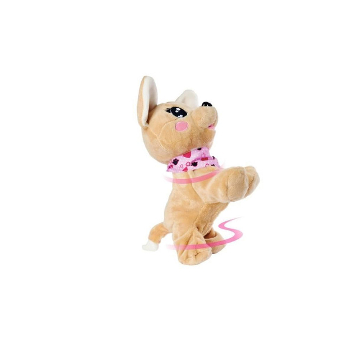 Un jouet en peluche en forme de chien beige avec une écharpe rose danse. Il a de grands yeux et est sur fond blanc.