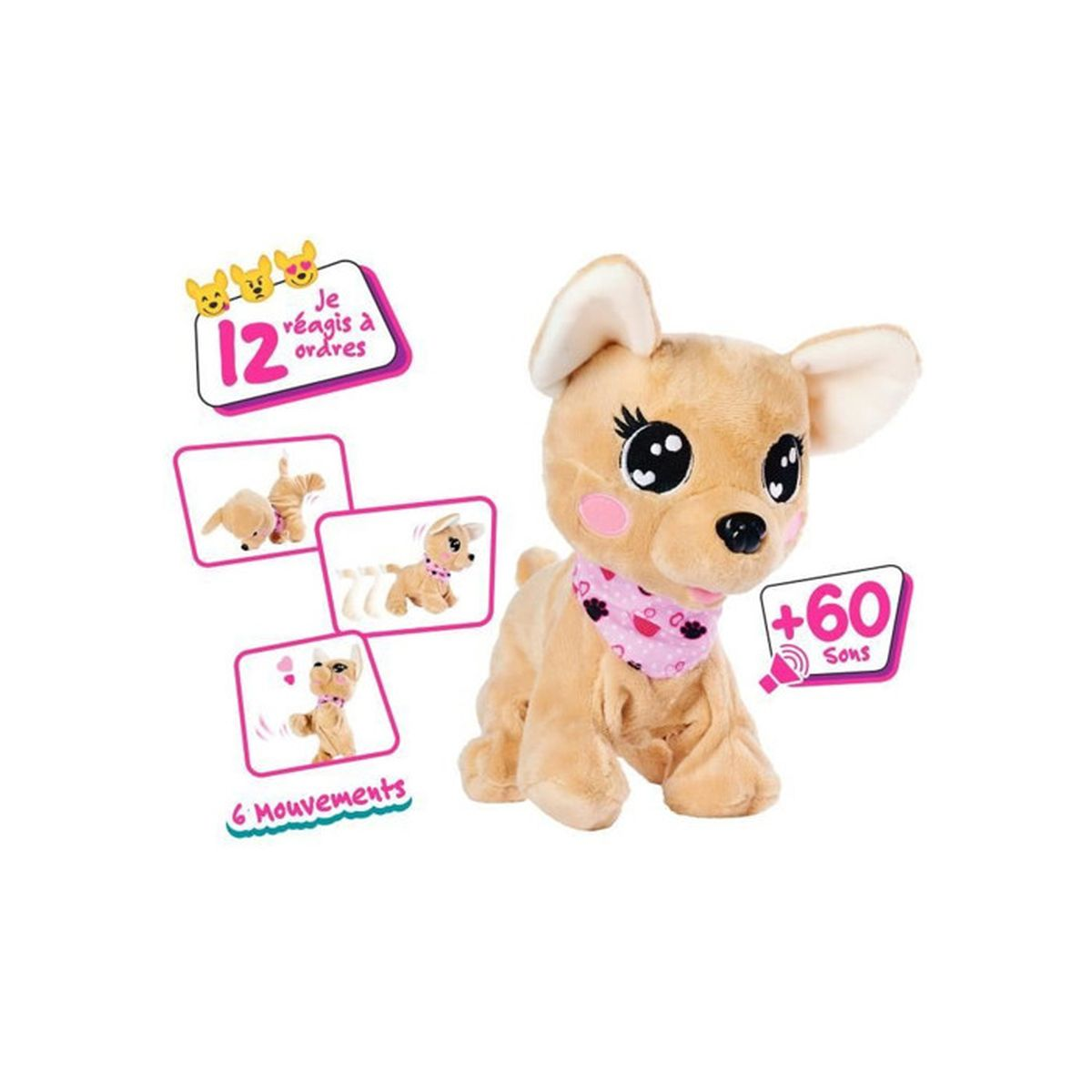 Un chien en peluche avec de grands yeux et un bandana rose. De petites boîtes montrent ses fonctionnalités. Le fond est blanc.