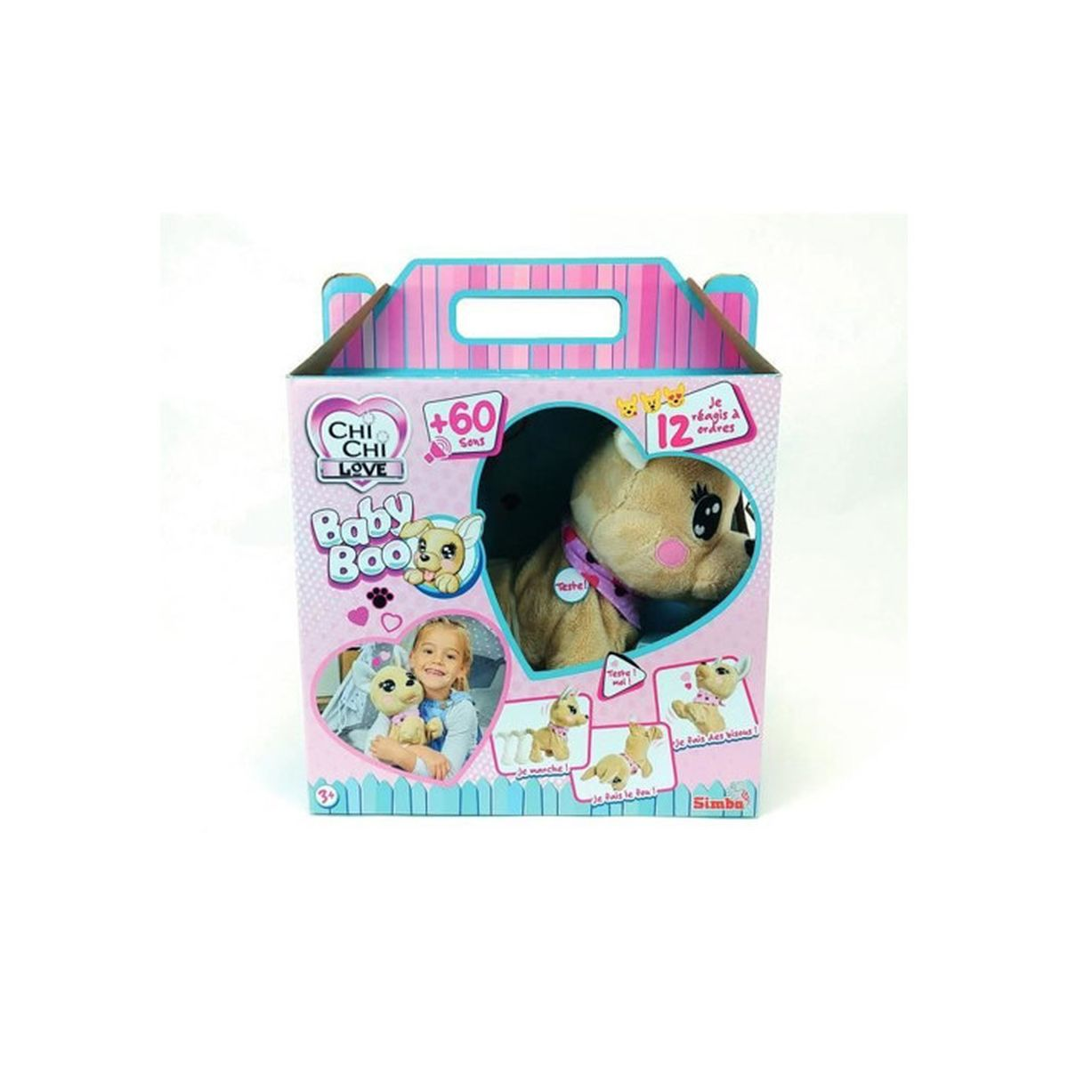 Une boîte rose avec un jouet en peluche de chiot à l'intérieur. La boîte porte la mention 'Chi Chi Love Baby Boo'.
