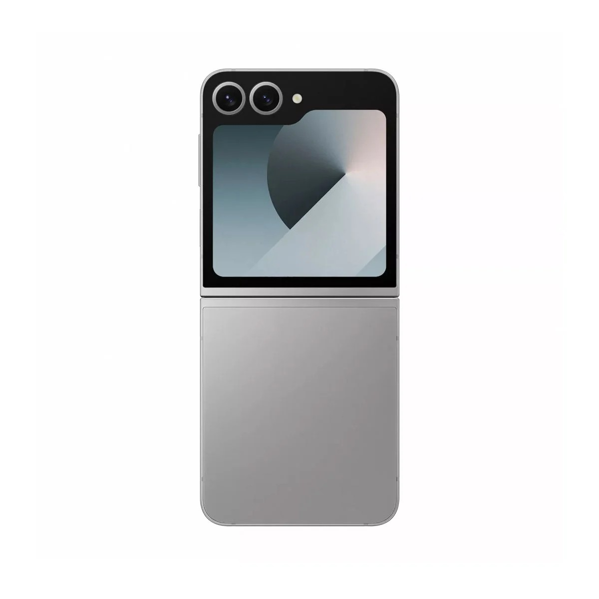 Srebrny składany smartfon, częściowo otwarty, z dwoma tylnymi aparatami i ekranem wyświetlającym abstrakcyjny wzór na białym tle.