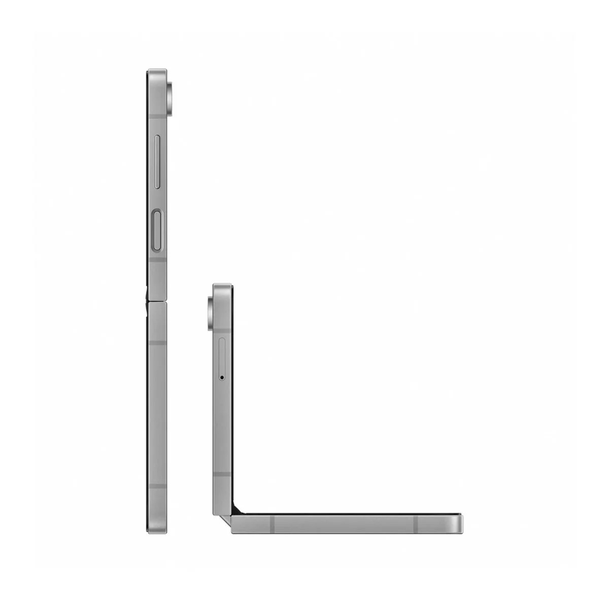 Dwa srebrne składane telefony. Jeden jest w pozycji pionowej, drugi częściowo otwarty. Oba są w widoku z boku.