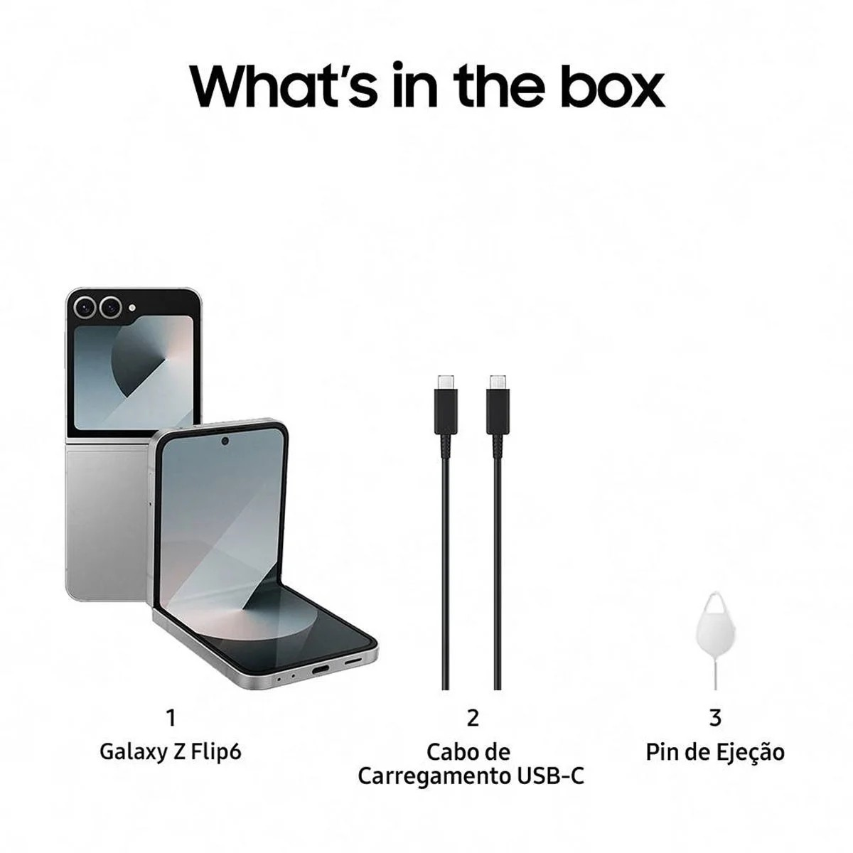 Obraz przedstawia zawartość pudełka Galaxy Z Flip6: telefon, dwa kable USB-C i szpilkę do wysuwania. Tekst brzmi 'Co jest w pudełku'.