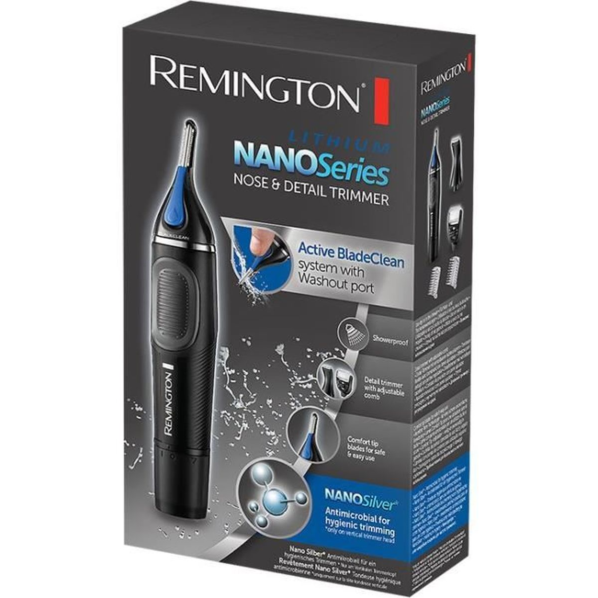 Tondeuse nez et détails Remington NanoSeries sur emballage. Caractéristiques : Active BladeClean et NanoSilver antimicrobien.