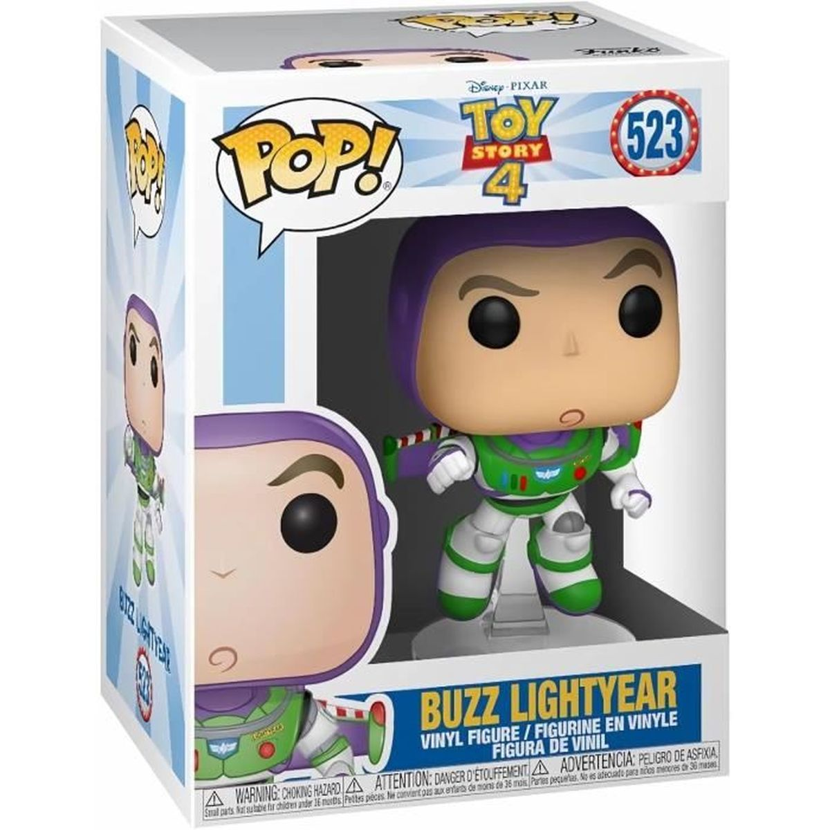 Una figura de Buzz Lightyear Funko Pop en su caja. La figura es verde, blanca y morada. La caja tiene la marca Toy Story 4.