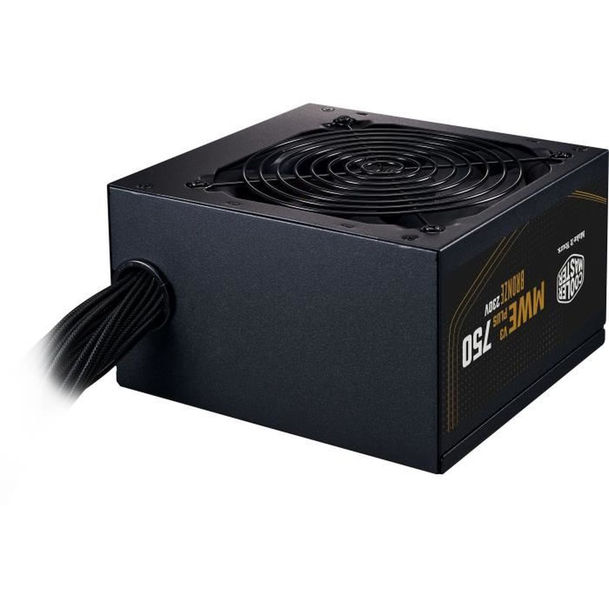 Een zwarte computer voeding met een ventilator bovenop en kabels die uit de zijkant komen, gelabeld 'MWE Bronze 750'.
