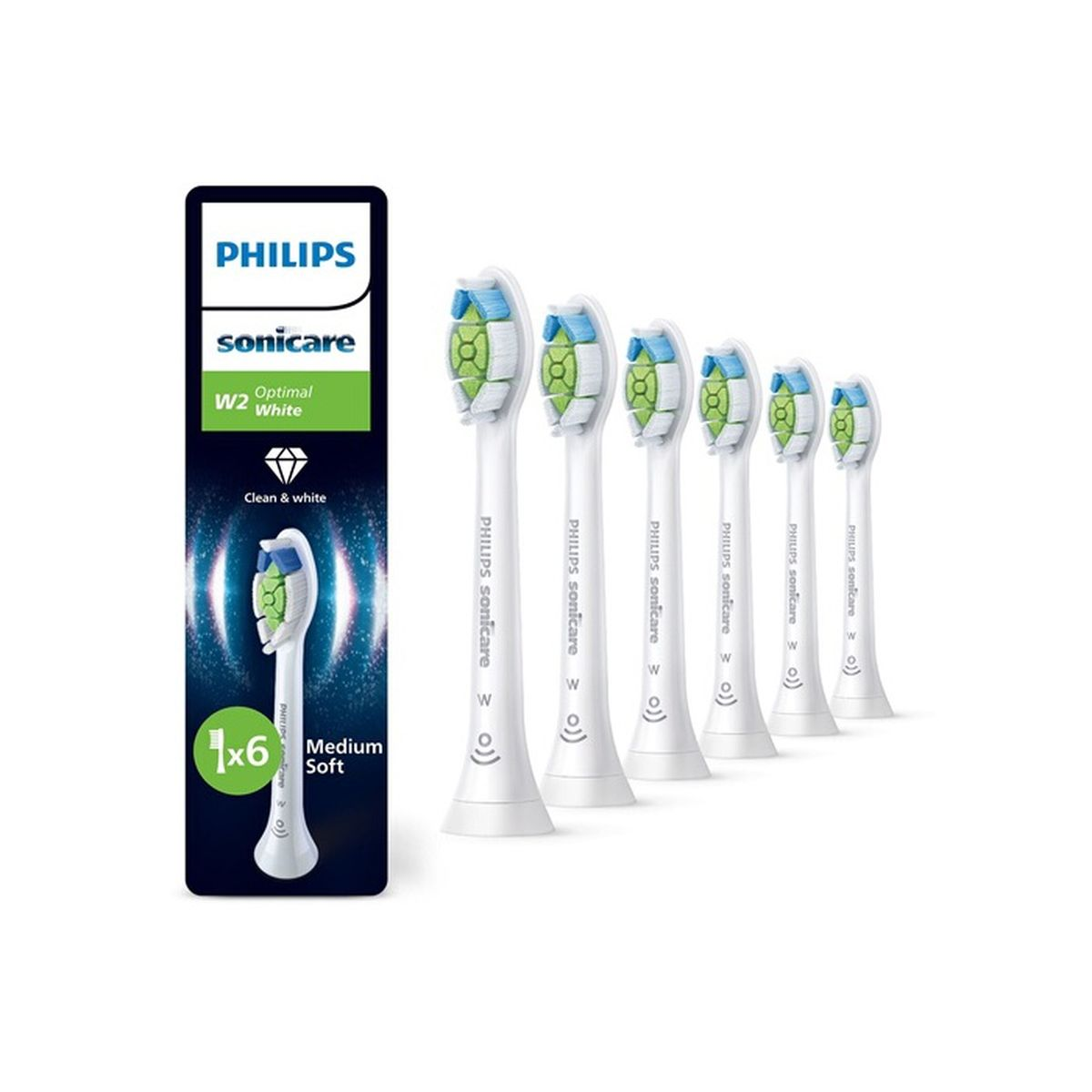 Główki szczoteczki do zębów Philips Sonicare. Białe, z zielonym i niebieskim włosiem, ułożone z opakowaniem. Opakowanie zawiera logo i tekst.