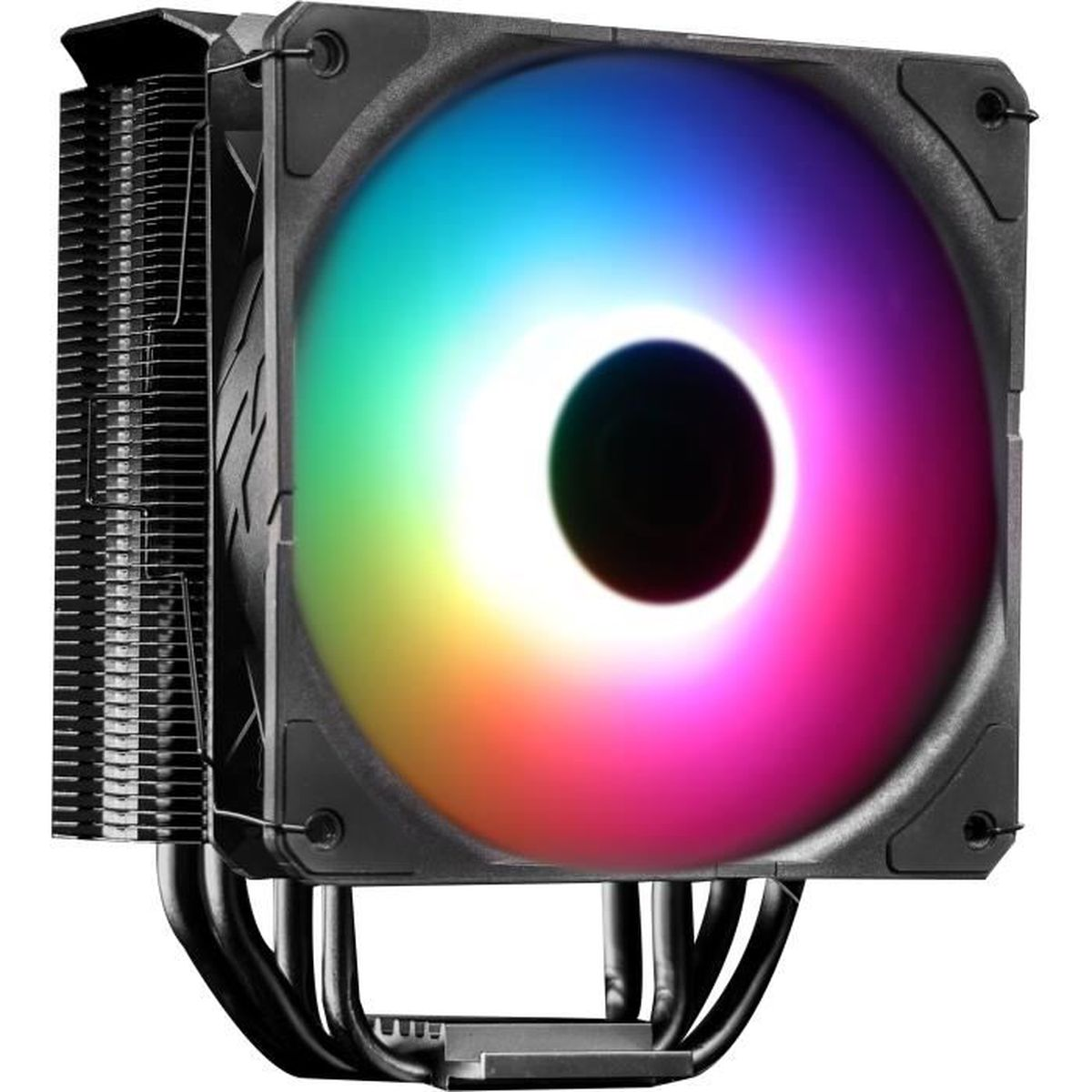 Ein Computerlüfter mit schwarzem Rahmen und Flügeln. Der Lüfter hat ein regenbogenfarbenes Licht in der Mitte und einen schwarzen Mittelpunkt.