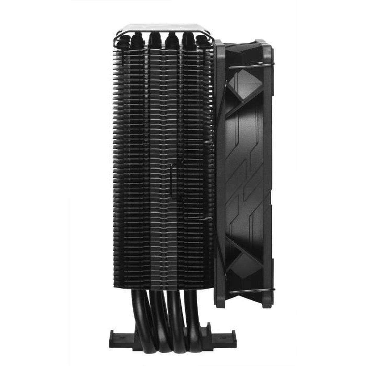 Ein schwarzer CPU-Kühler mit Kühlkörper und Lüfter. Der Kühlkörper besteht aus Lamellen, der Lüfter an der Seite.