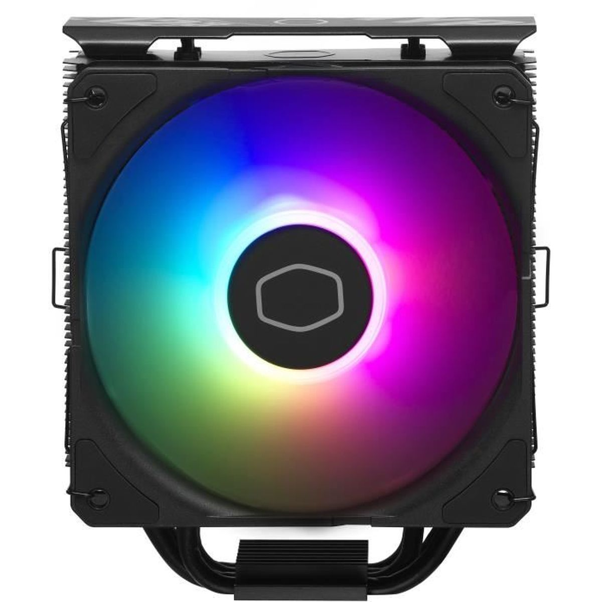 Ein schwarzer Computerkühler mit einem zentralen Lüfter, der einen Regenbogenverlauf anzeigt. Er hat einen quadratischen Rahmen und ein zentrales Logo.