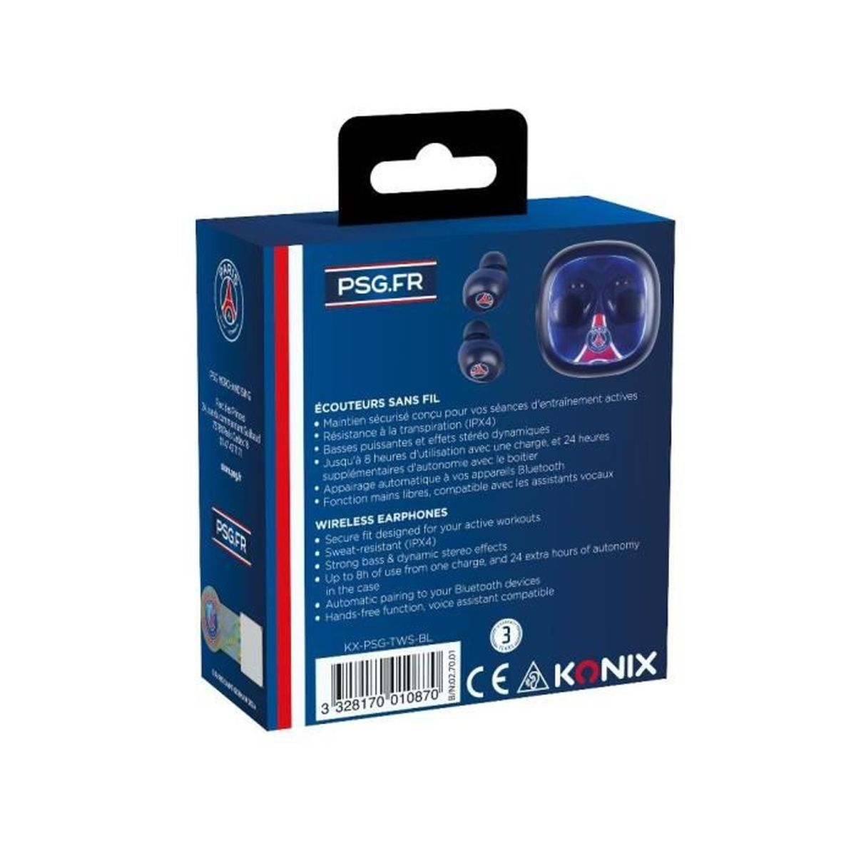 Kopfhörerbox mit PSG-Logo. Schwarze Kopfhörer sind abgebildet. Text enthält Funktionen und Spezifikationen.
