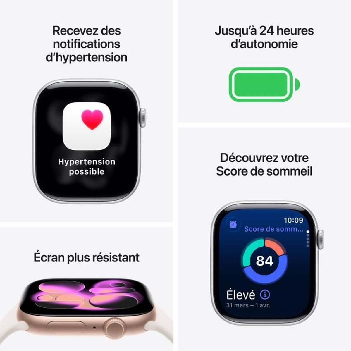 Obraz wyświetla funkcje Apple Watch: powiadomienie o nadciśnieniu, bateria 24-godzinna, wynik snu i wytrzymały ekran. Teksty po francusku.
