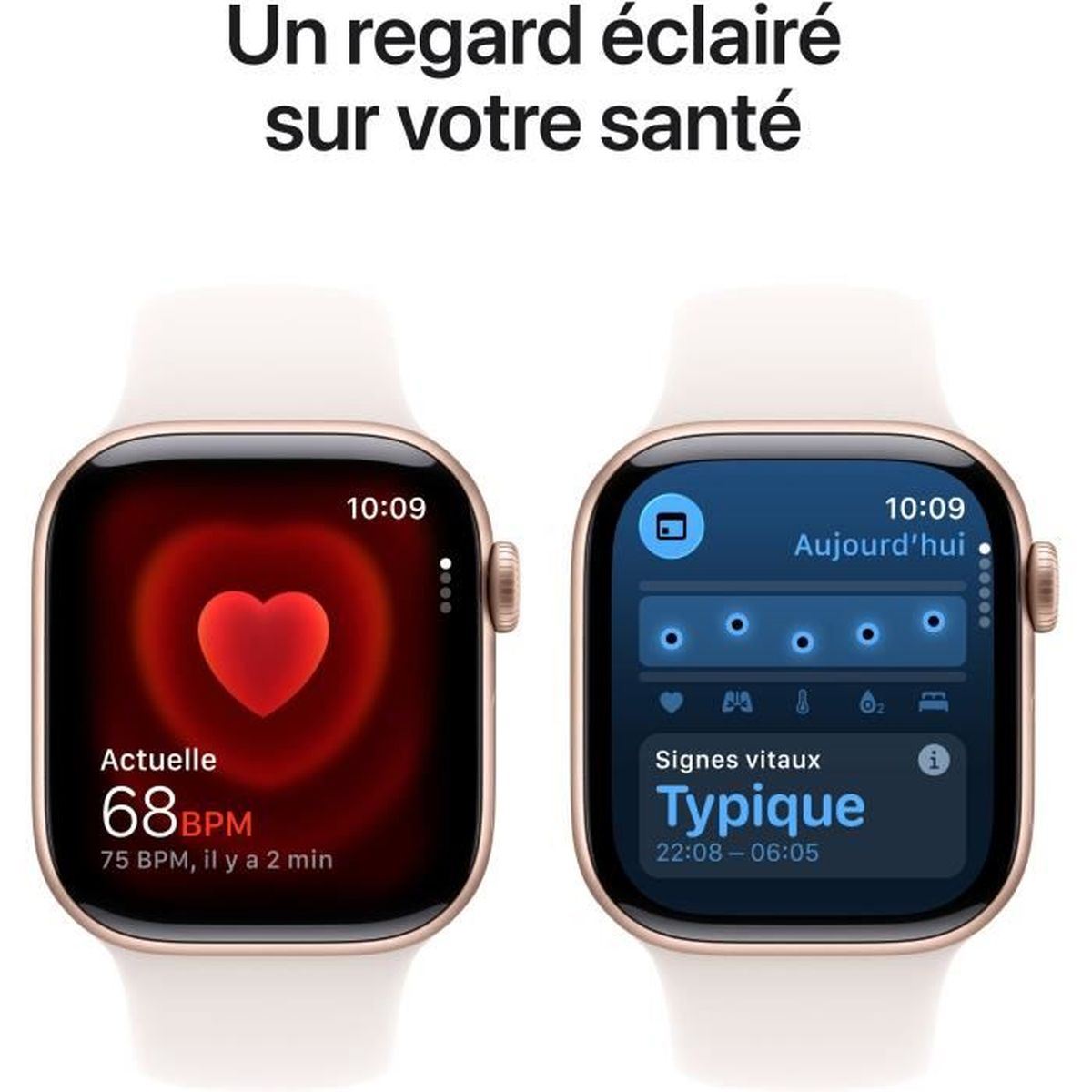 Dwa Apple Watche wyświetlają dane zdrowotne: tętno 68 BPM i typowe parametry życiowe.